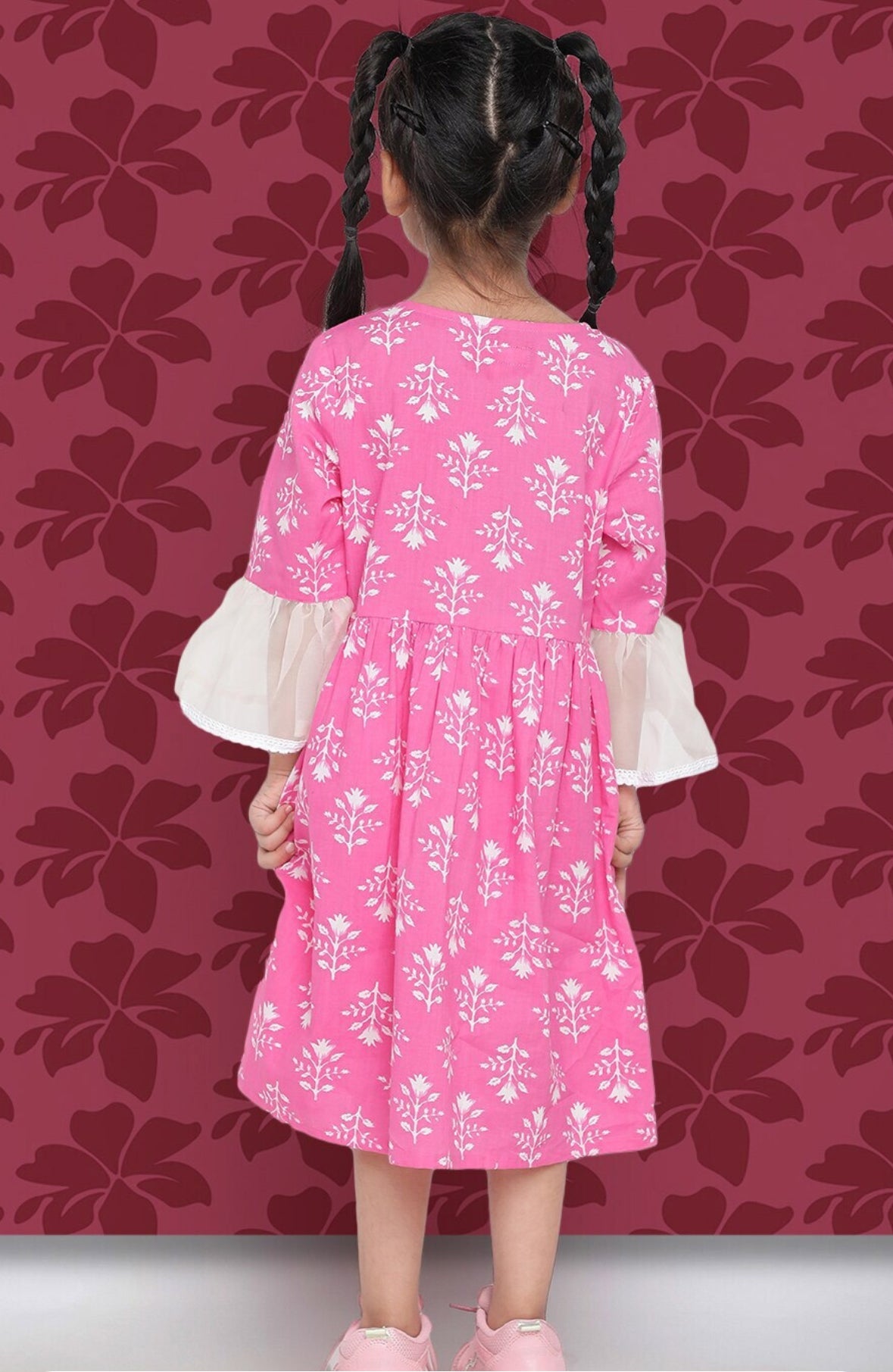 Girls Pink Floral Printed Bell Sleeve Cotton A-Line Dress Indo-Silae