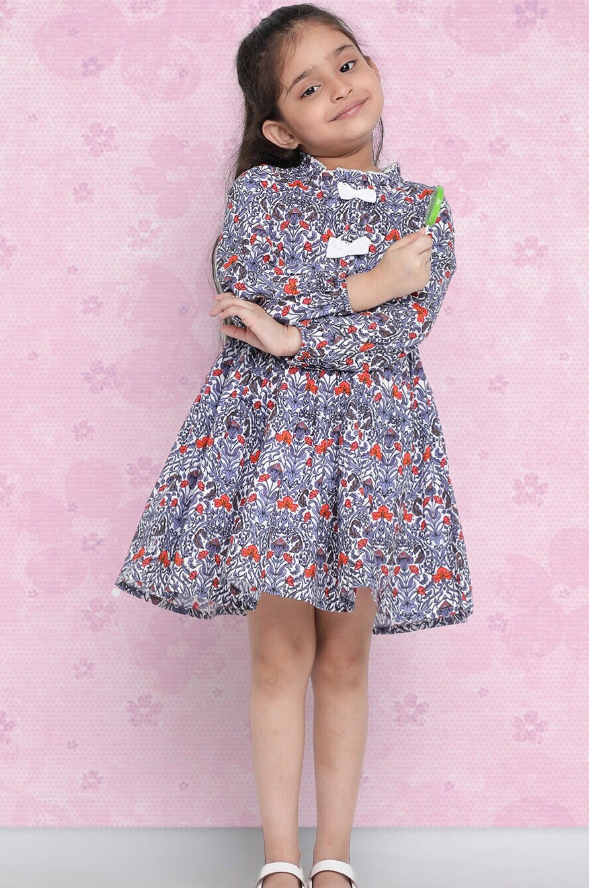 Girls Purple Floral Printed Cotton A-Line Dress