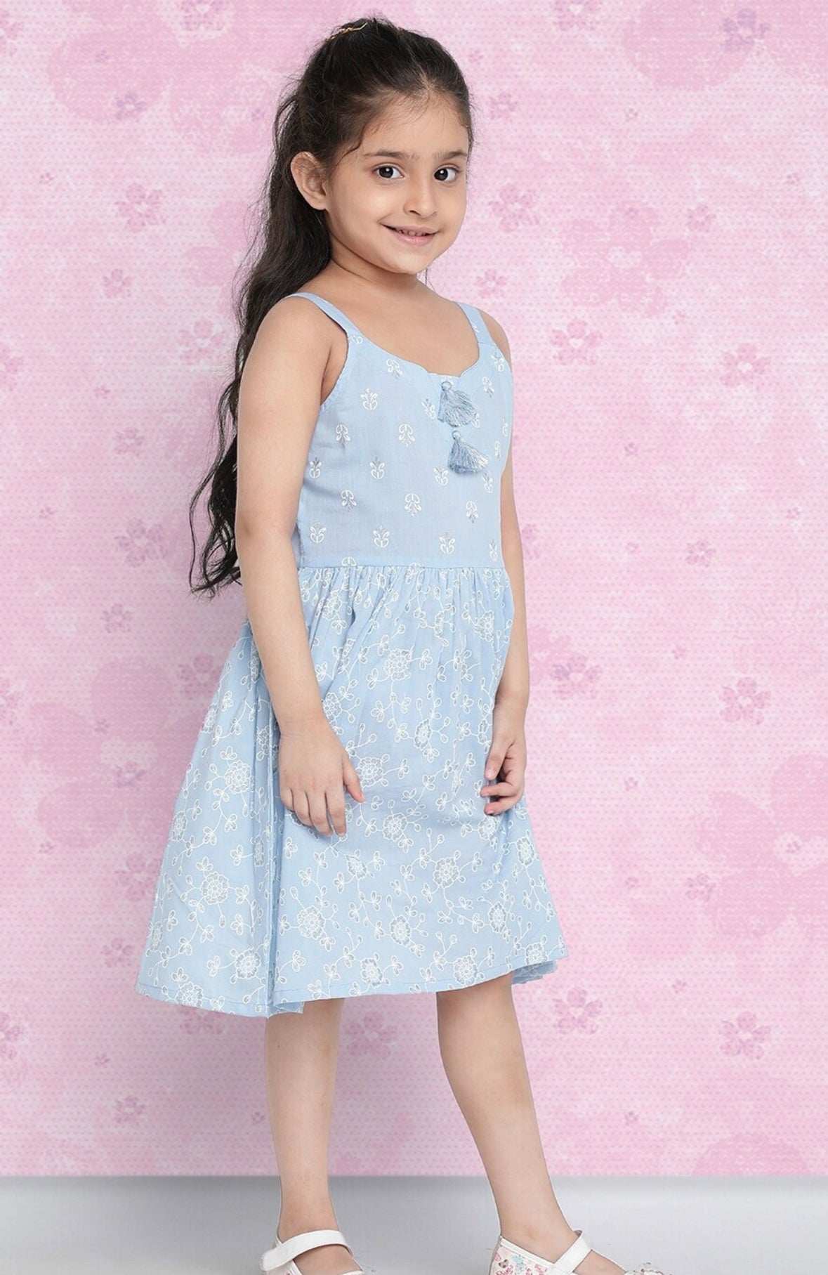 Girls Blue Floral Printed Cotton A-Line Dress Indo-Silae