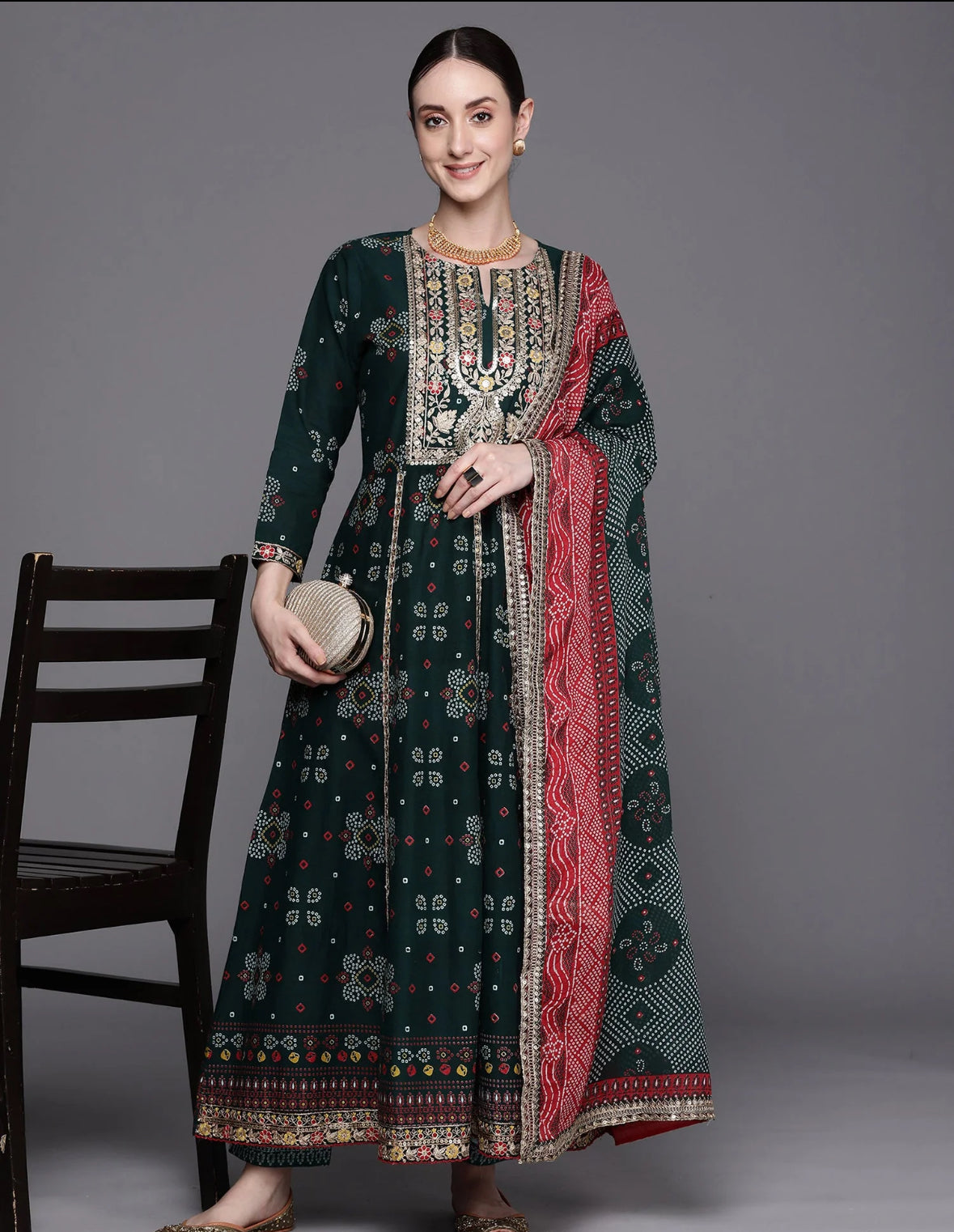 Era Green Printed Anarkali Kurta Trousers With Dupatta Set Indo-Silae