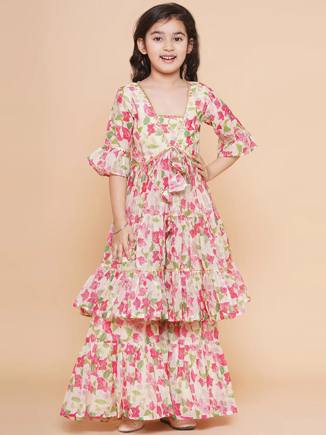 Cream Multi Printed Kurta With Sharara