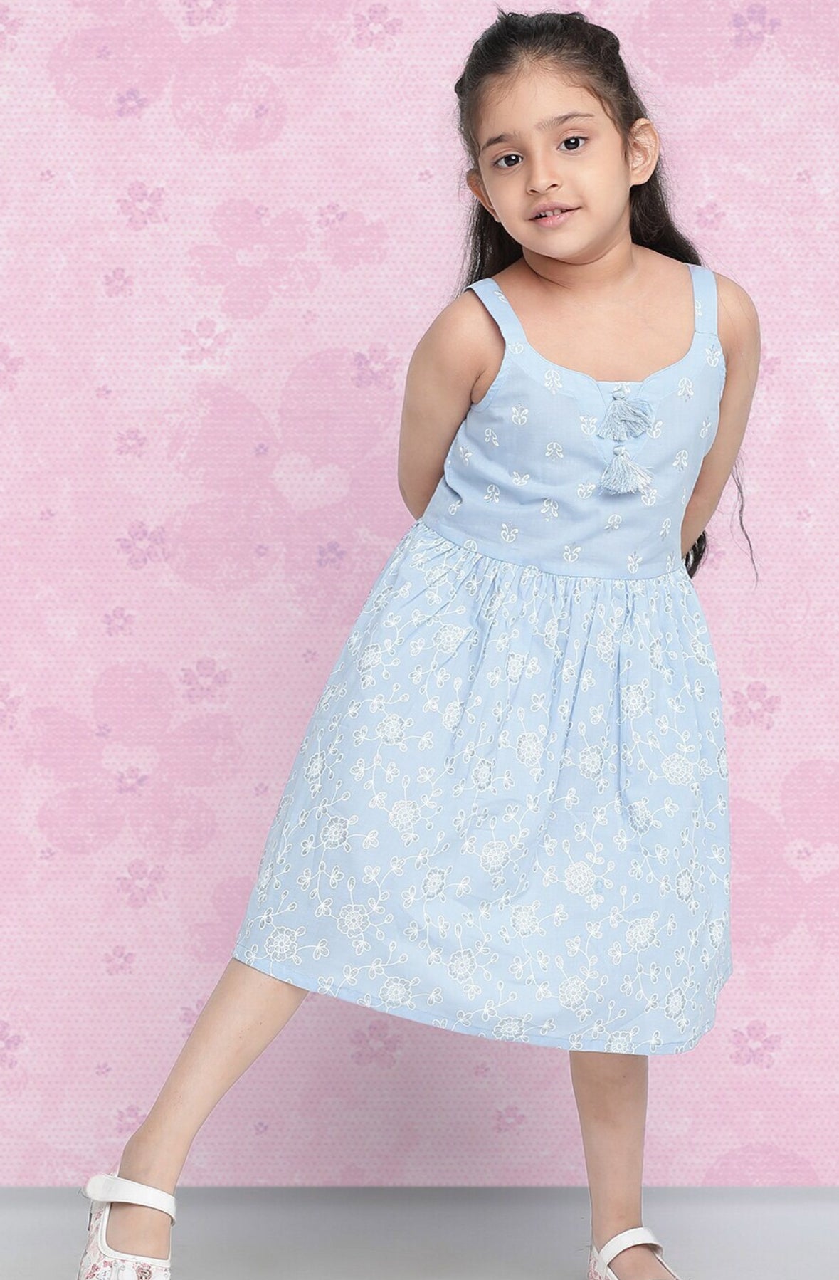 Girls Blue Floral Printed Cotton A-Line Dress Indo-Silae