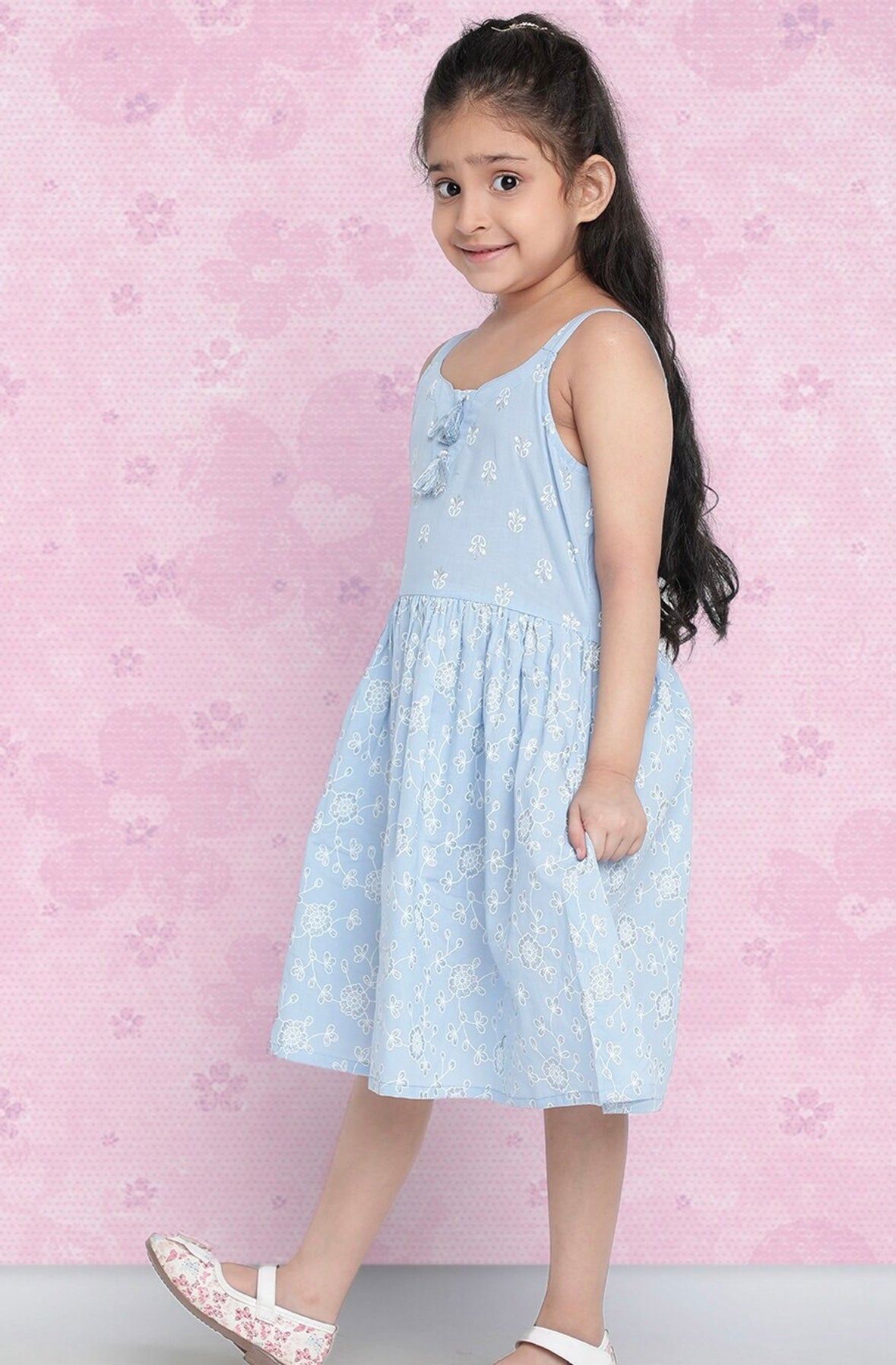 Girls Blue Floral Printed Cotton A-Line Dress Indo-Silae