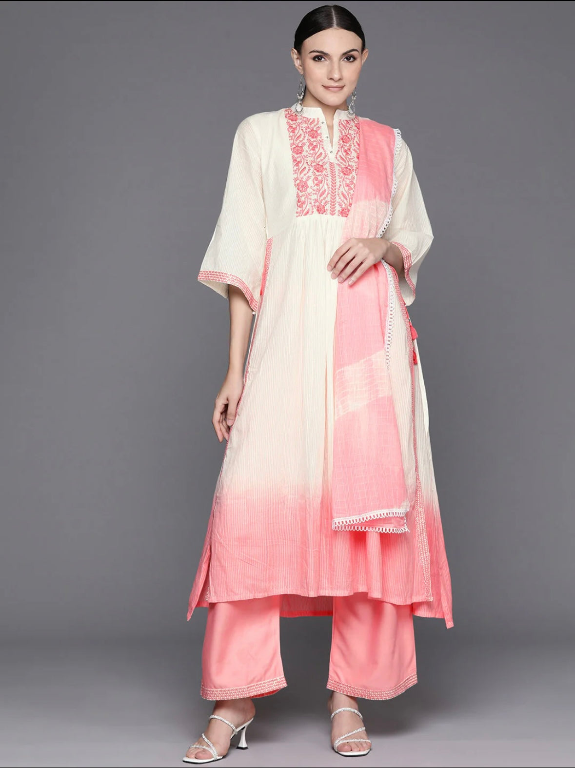 Pink Embroidered A-Line Kurta Trousers With Dupatta Set Indo-Silae