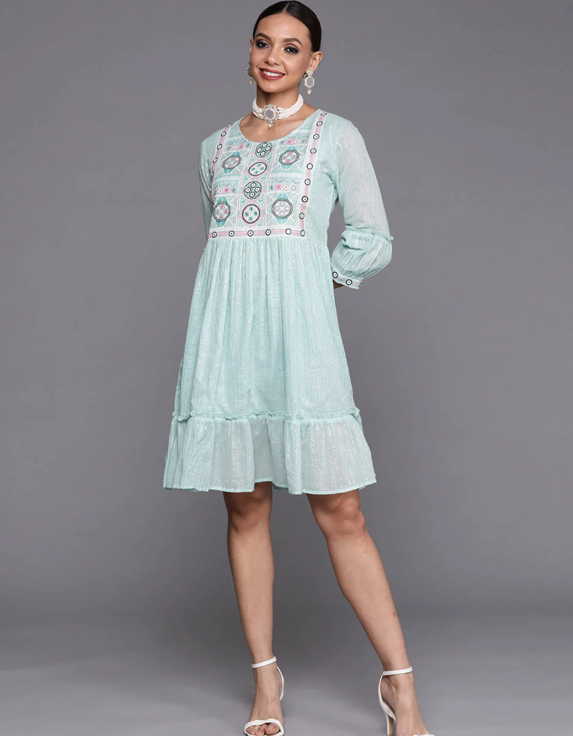 Blue Embroidered A-line Dress Indo-Silae