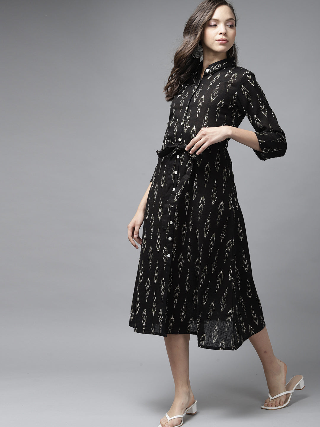 Indo Era Black Ikat Printed A-line Dress With Belt