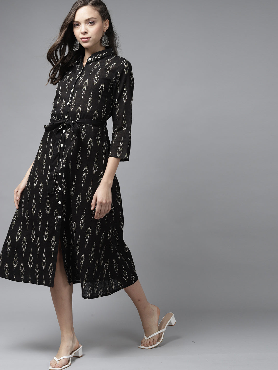 Indo Era Black Ikat Printed A-line Dress With Belt