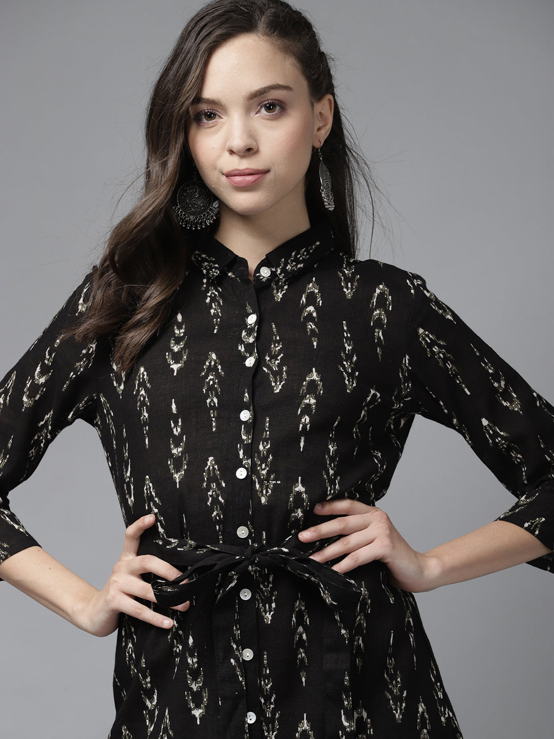 Indo Era Black Ikat Printed A-line Dress With Belt