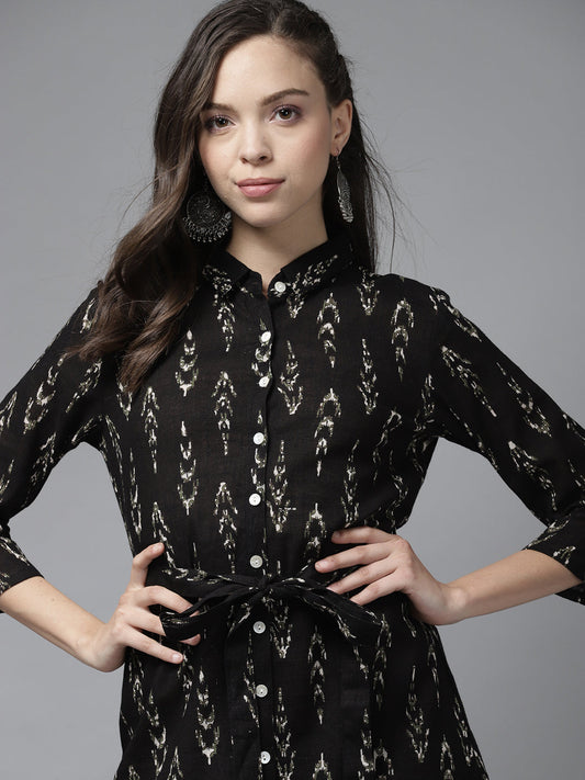 Indo Era Black Ikat Printed A-line Dress With Belt