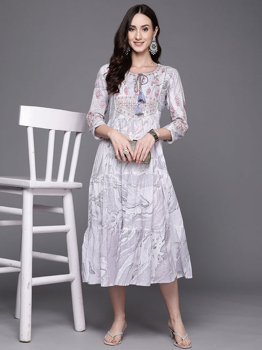 Grey Embroidered A-Line Ethnic Dress