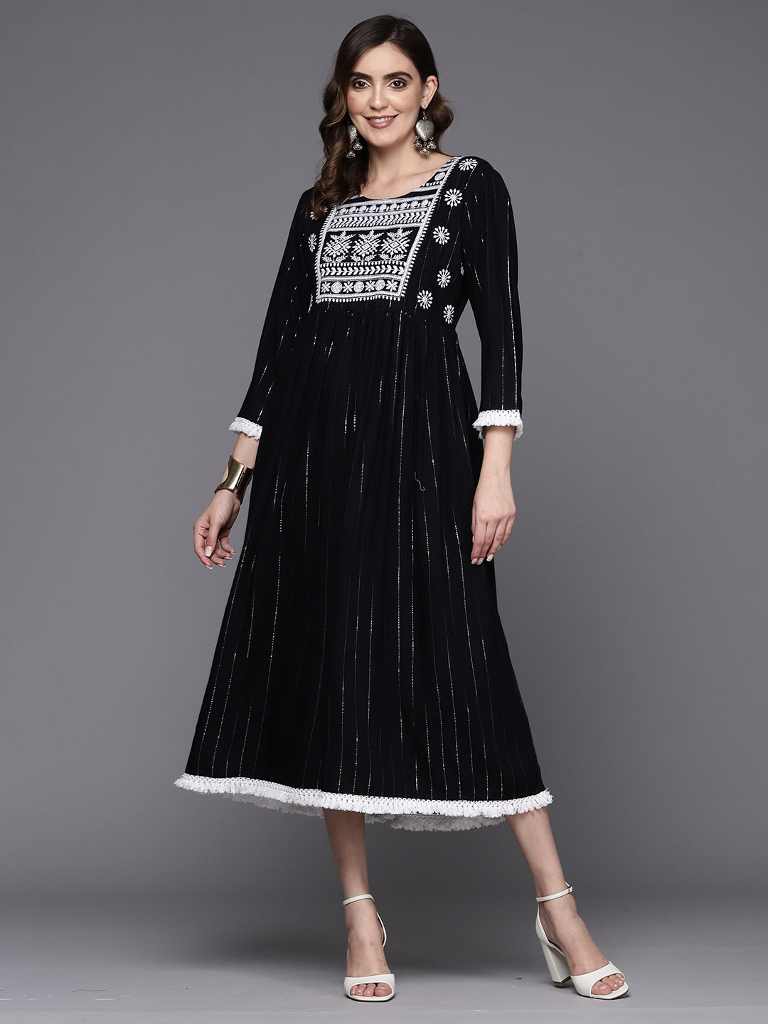 Indo Era Black Embroidered A-Line Ethnic Dress