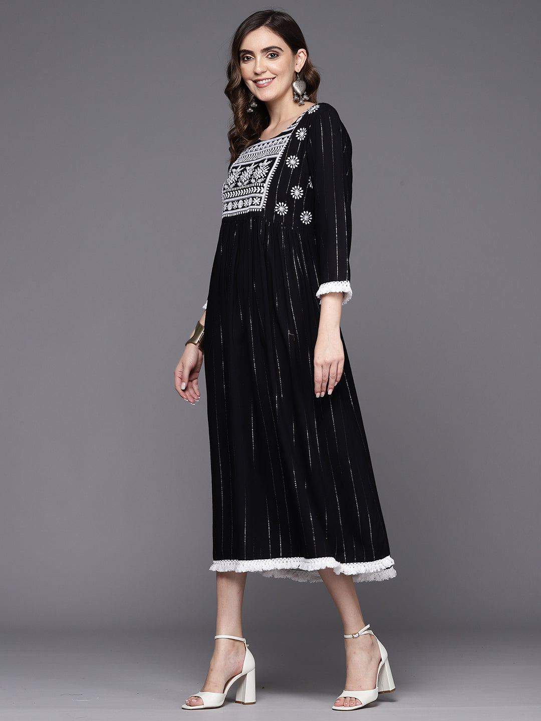 Indo Era Black Embroidered A-Line Ethnic Dress