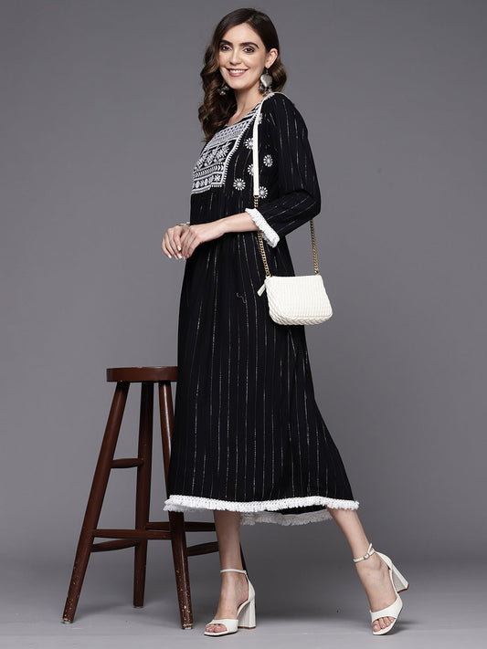 Indo Era Black Embroidered A-Line Ethnic Dress