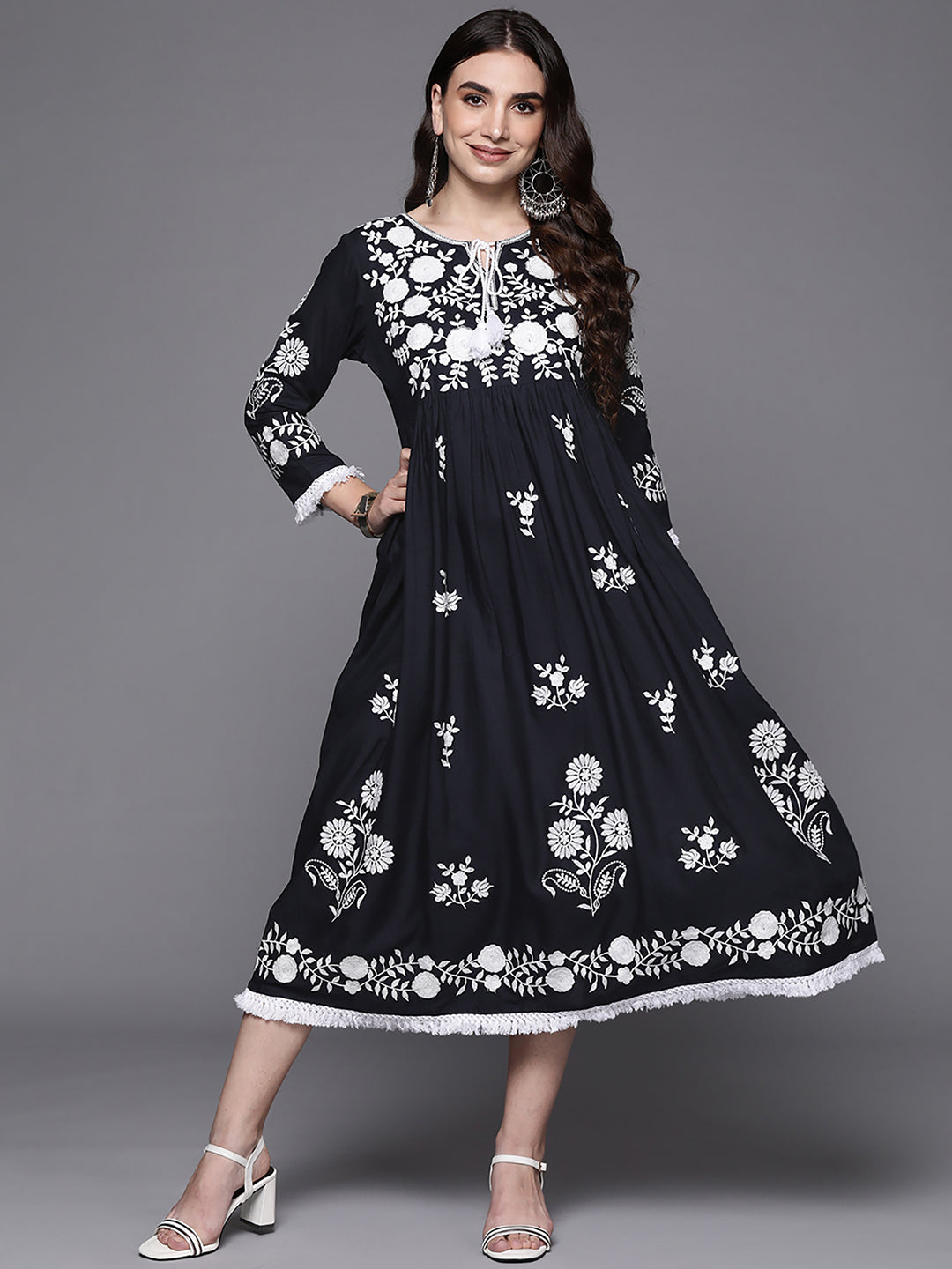 Indo Era Blue Embroidered A-Line Ethnic Dress
