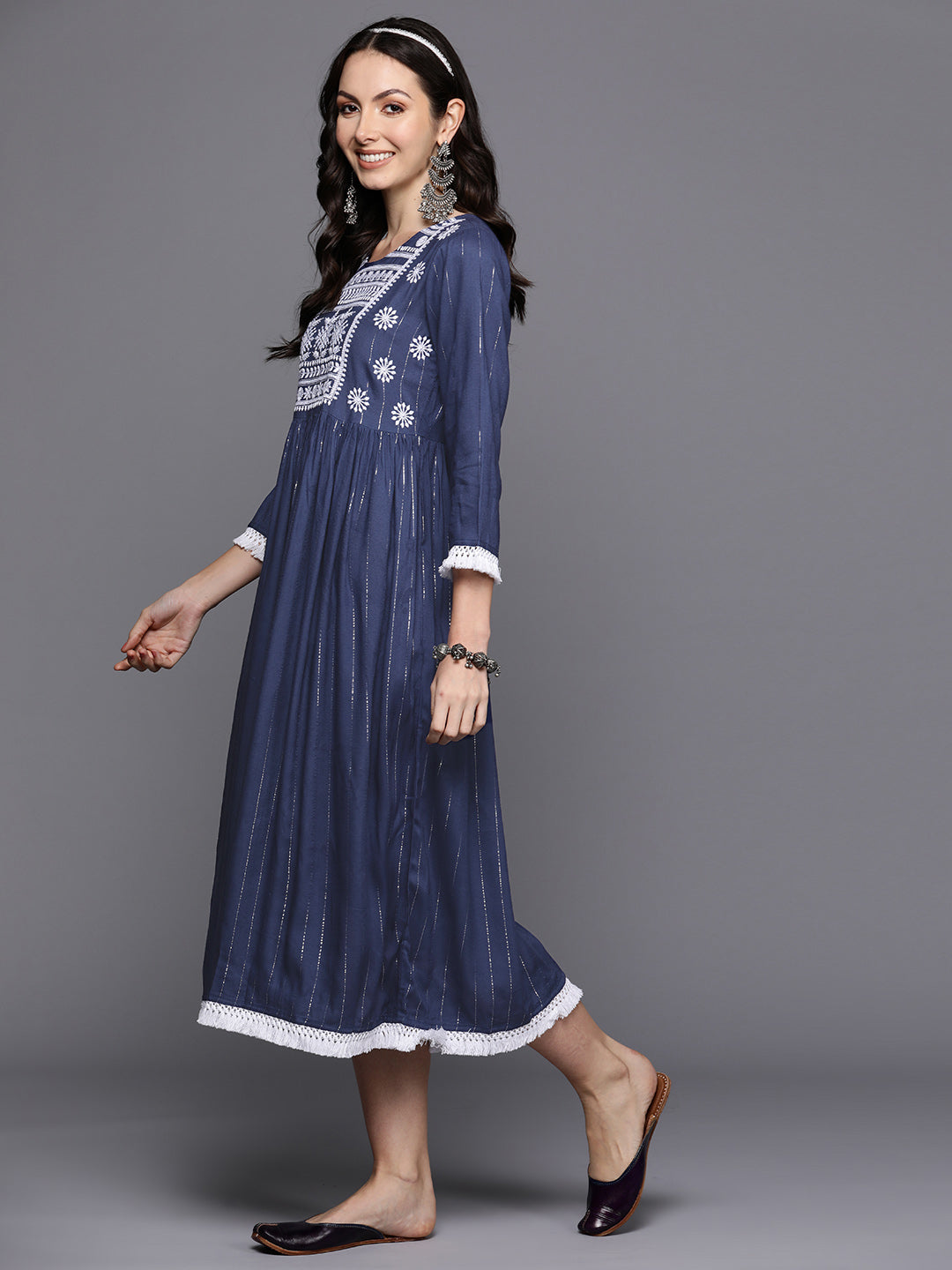Indo Era Blue Embroidered A-Line Ethnic Dress