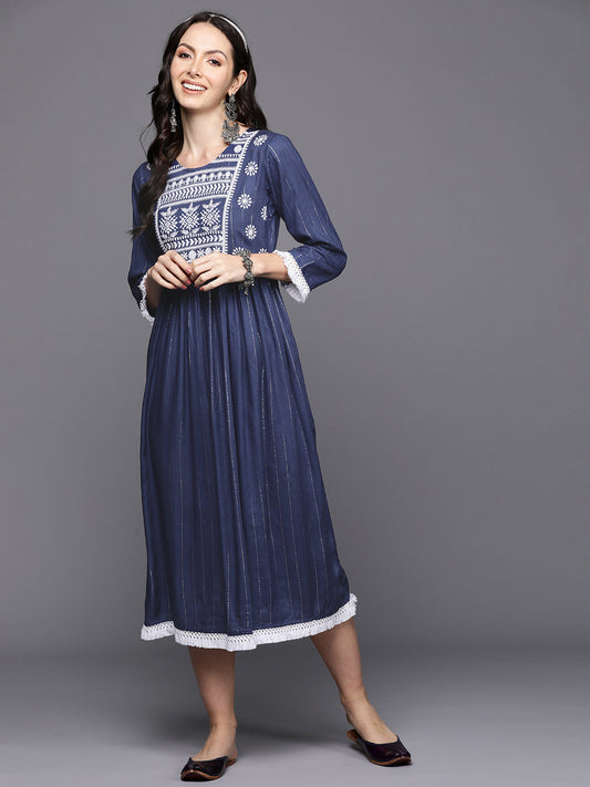 Indo Era Blue Embroidered A-Line Ethnic Dress