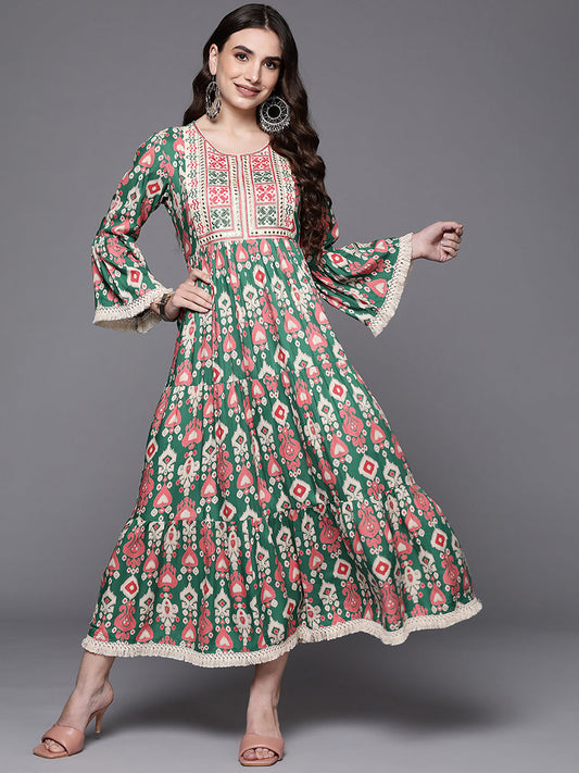 Green Embroidered A-Line Ethnic Dress
