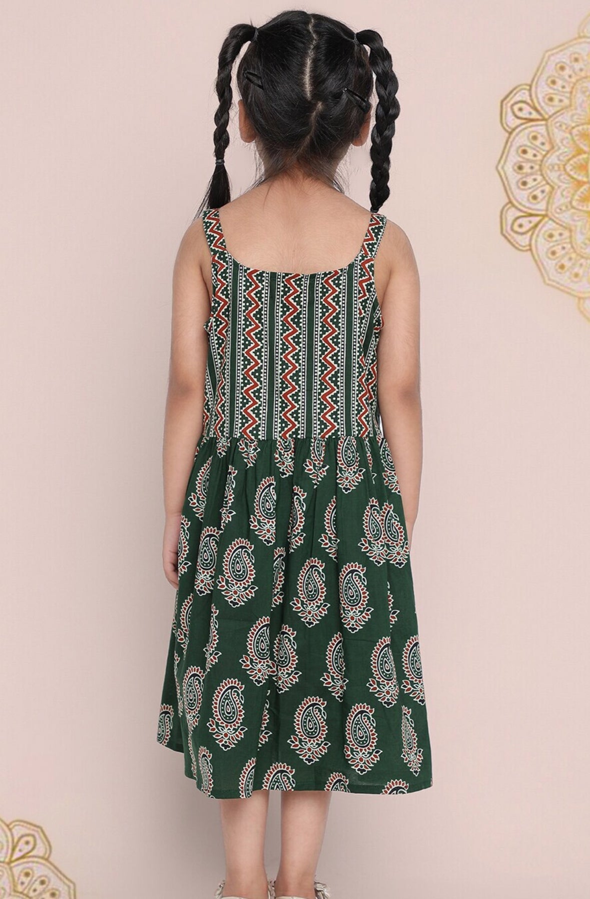 Girls Green Ethnic Motifs Printed Cotton Fit & Flare Midi Dress Indo-Silae