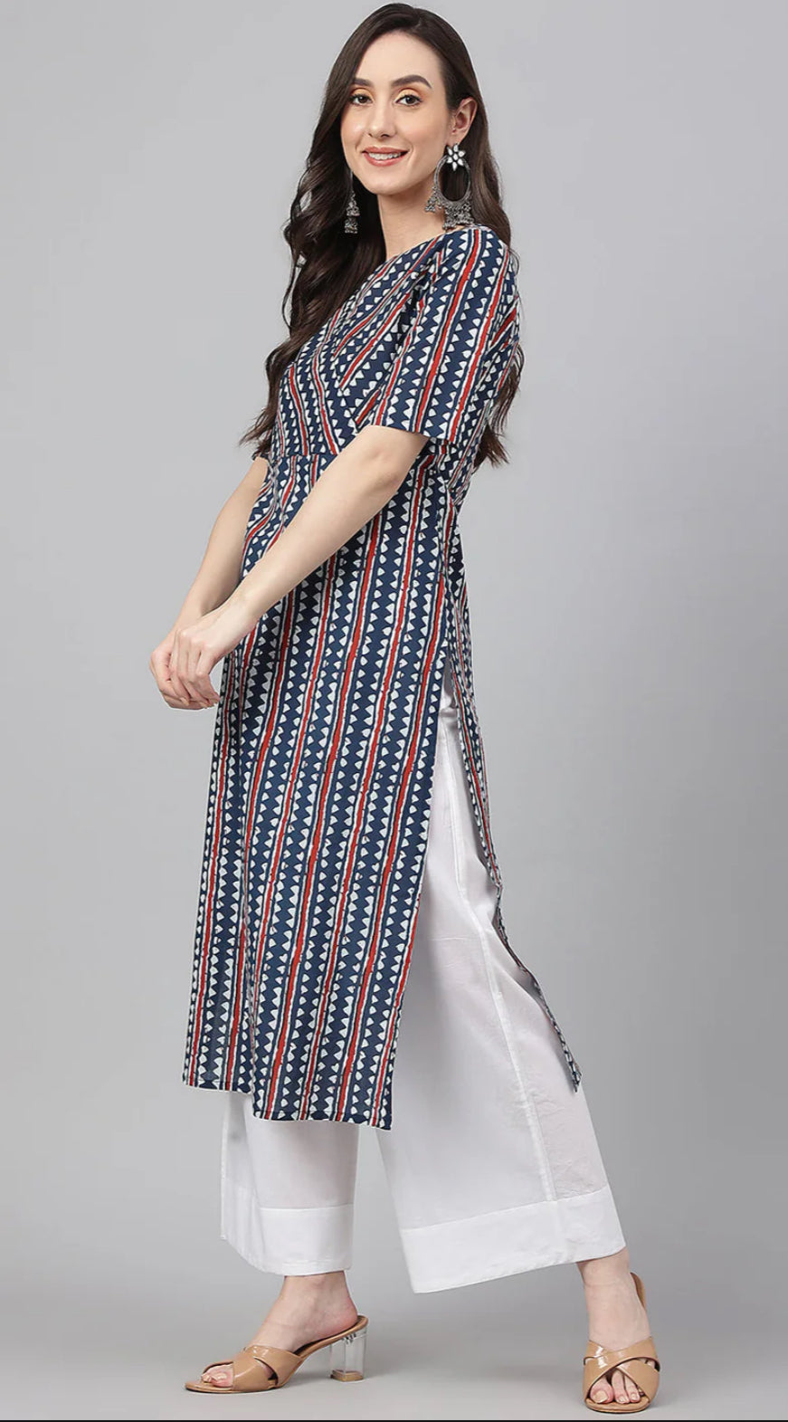 Navy Blue Cotton Geometric Straight Kurta Silae