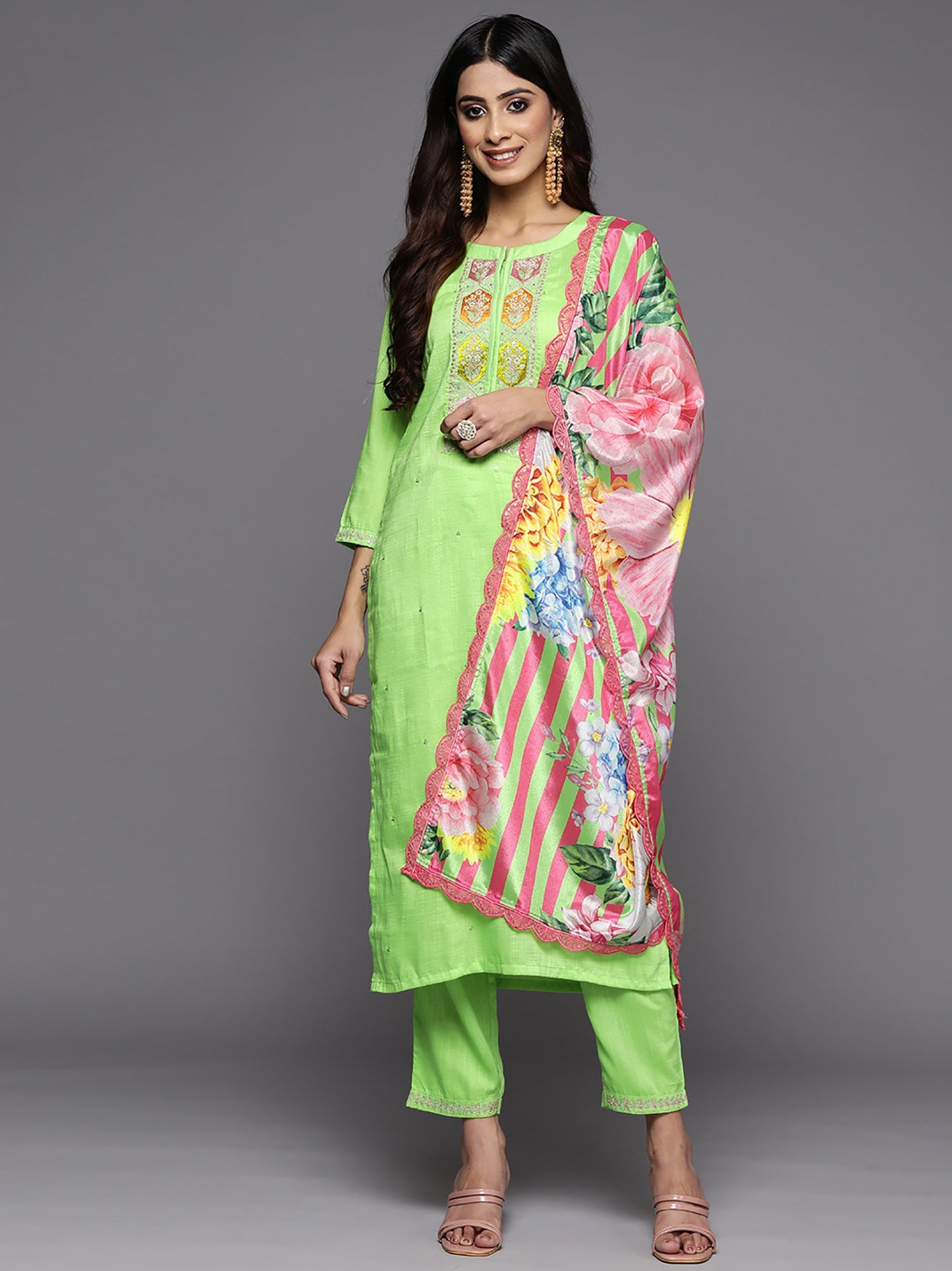 Indo Era Green Embroidered Straight Kurta Trouser With Dupatta Set