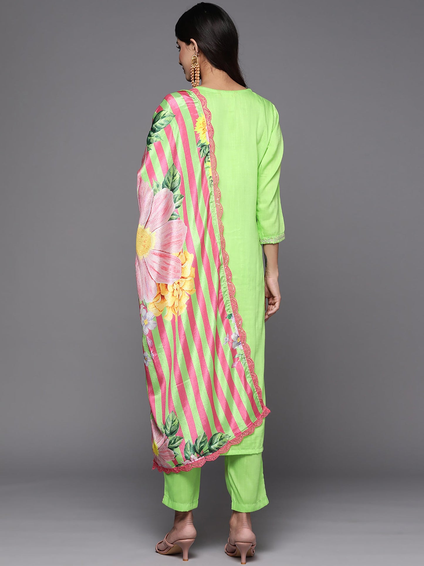 Indo Era Green Embroidered Straight Kurta Trouser With Dupatta Set