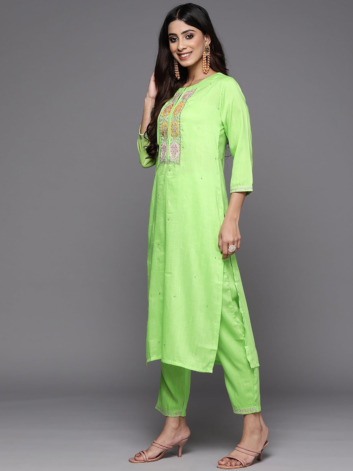 Indo Era Green Embroidered Straight Kurta Trouser With Dupatta Set