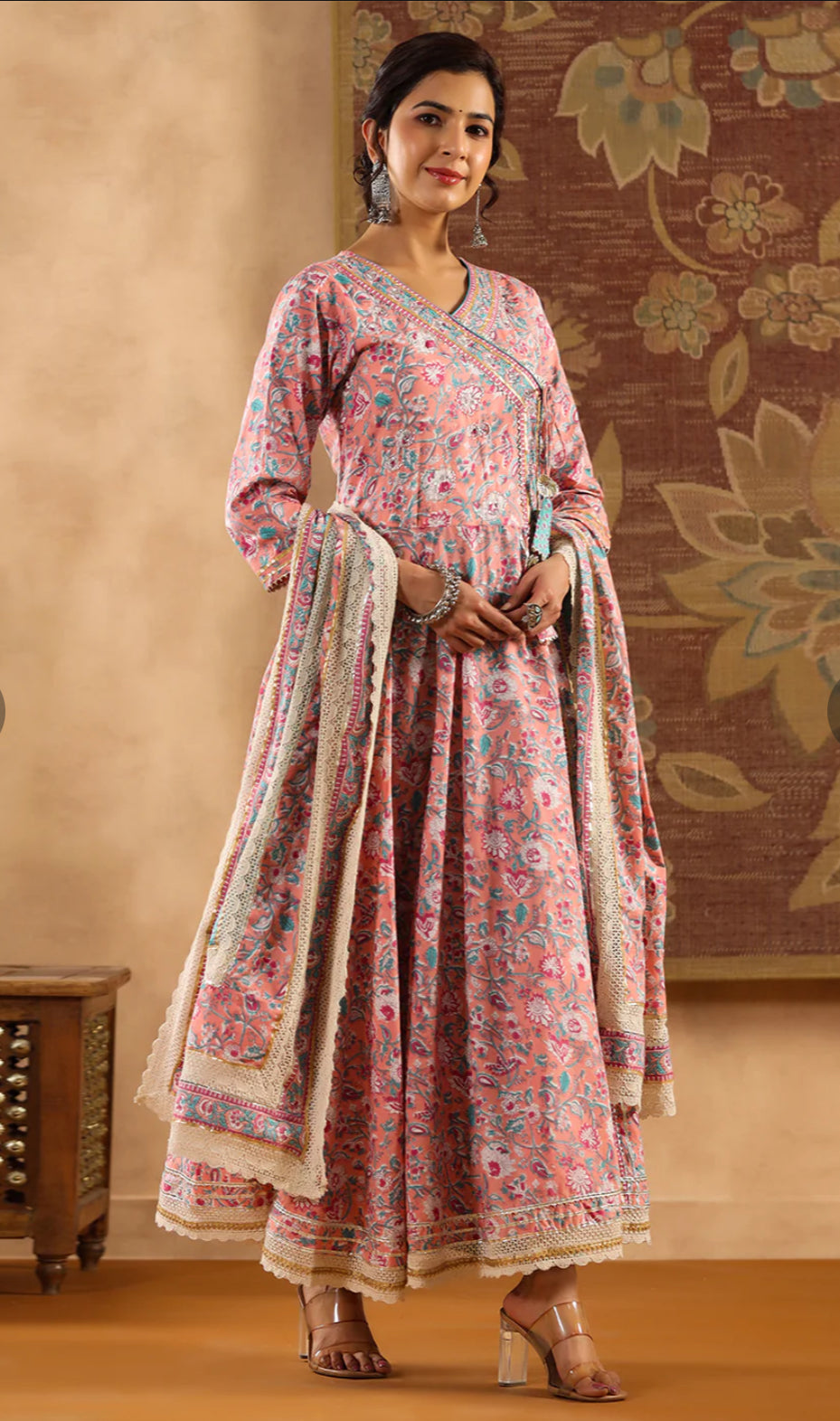 Peach Cotton Embellished Kurta with Pant and Dupatta