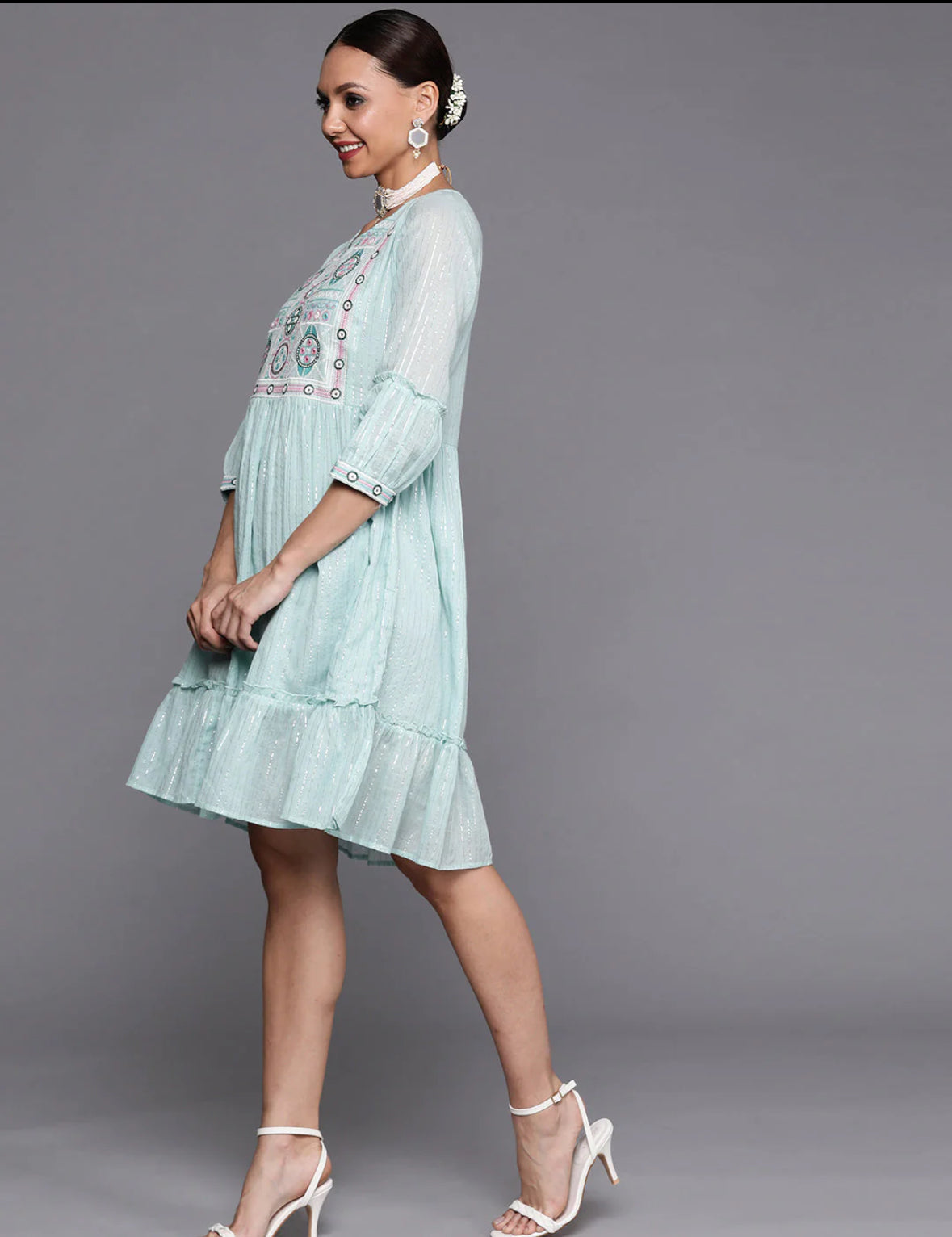 Blue Embroidered A-line Dress Indo-Silae