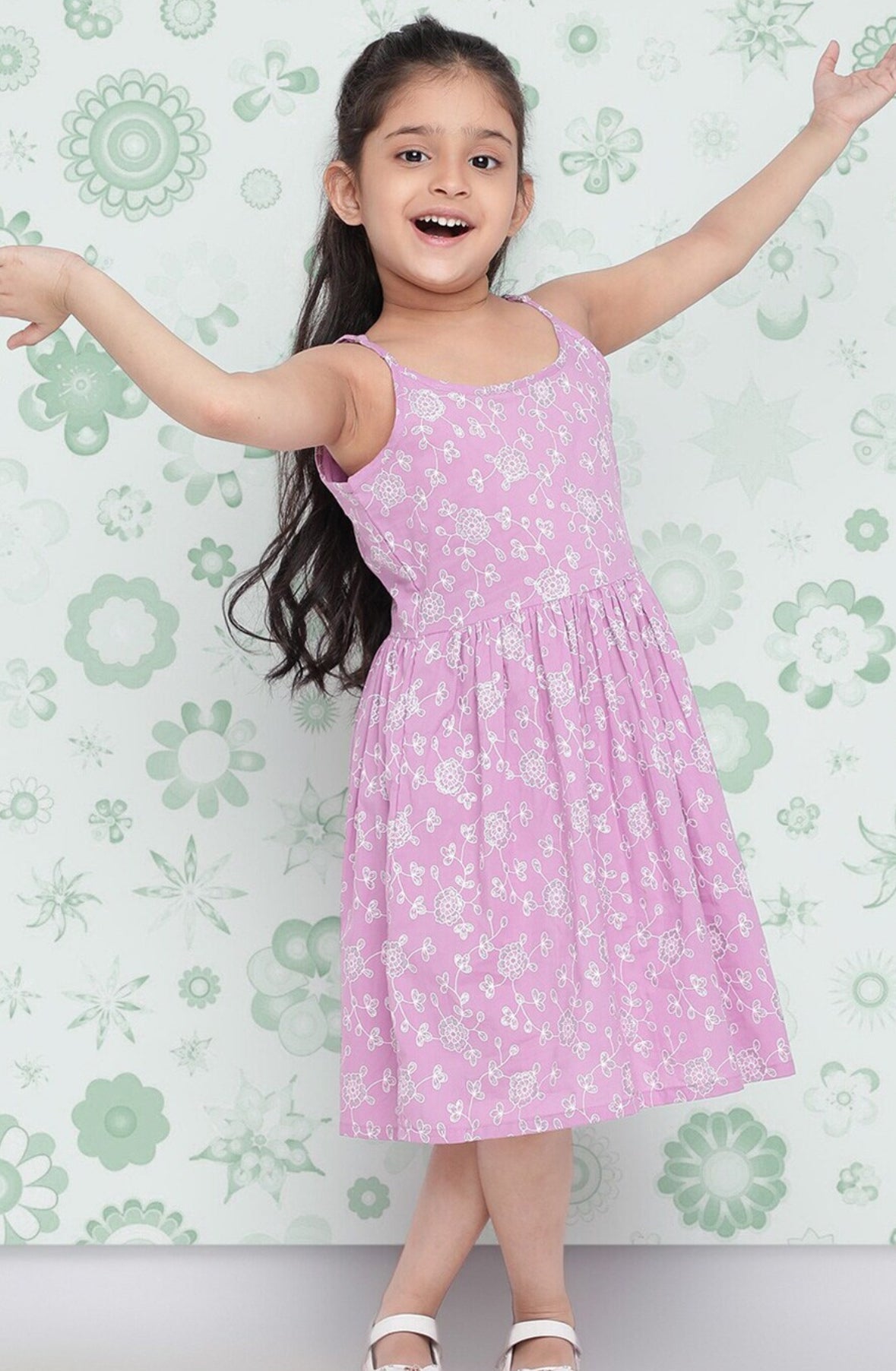 Girls Lavender Floral Printed Cotton Fit & Flare Dress Indo-Silae