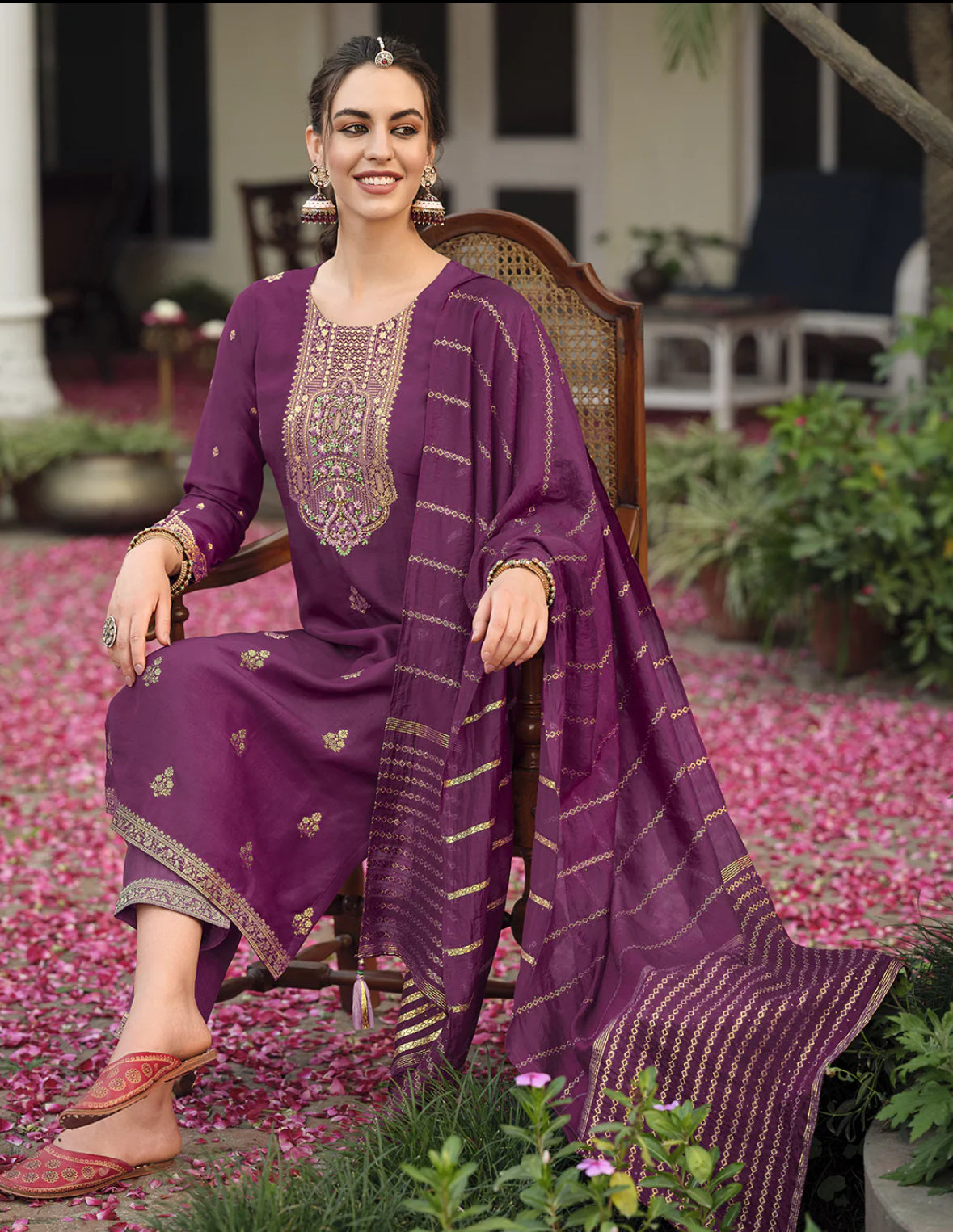 Burgundy Embroidered Straight Kurta Trousers With Dupatta Set Silae: Shop Ethnic & Western Wear for Women
