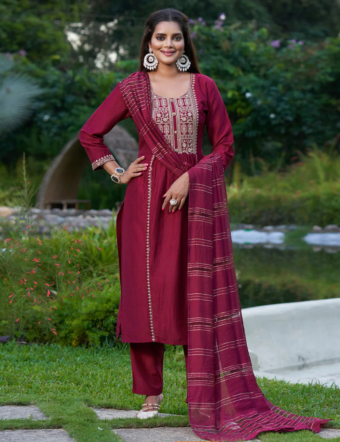 Maroon Embroidered Straight Kurta Trousers With Dupatta Set Indo-Silae