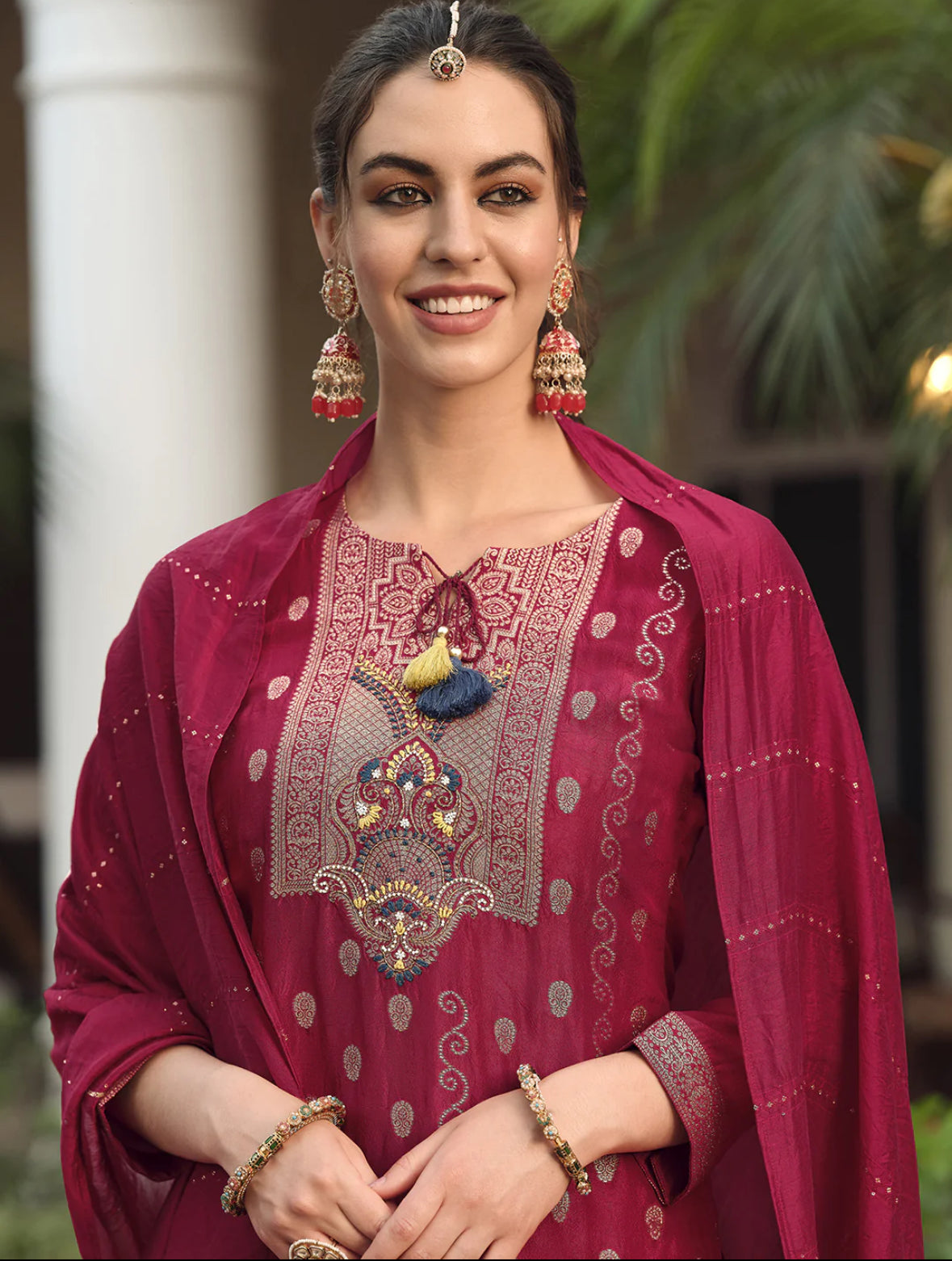 Burgundy Embroidered Straight Kurta Trousers With Dupatta Set Silae: Shop Ethnic & Western Wear for Women