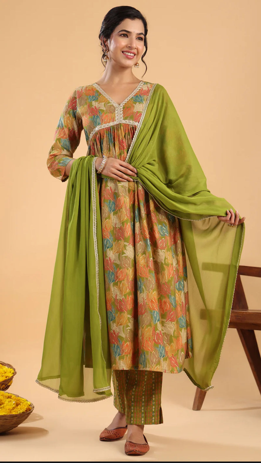 Multicolor Chanderi Blend Floral Gathered Kurta Set