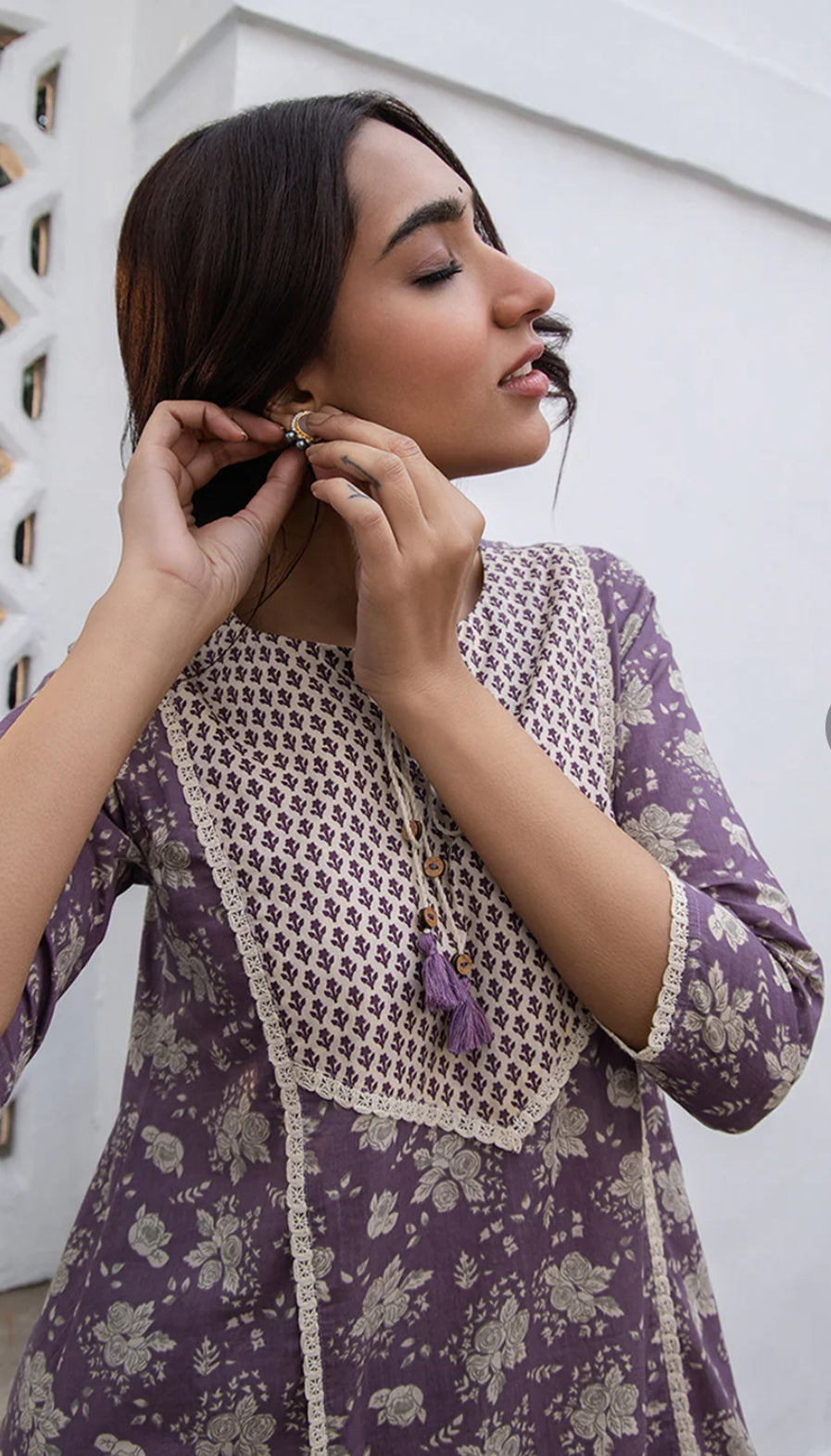 Purple Cotton Floral A-Line Kurta Set