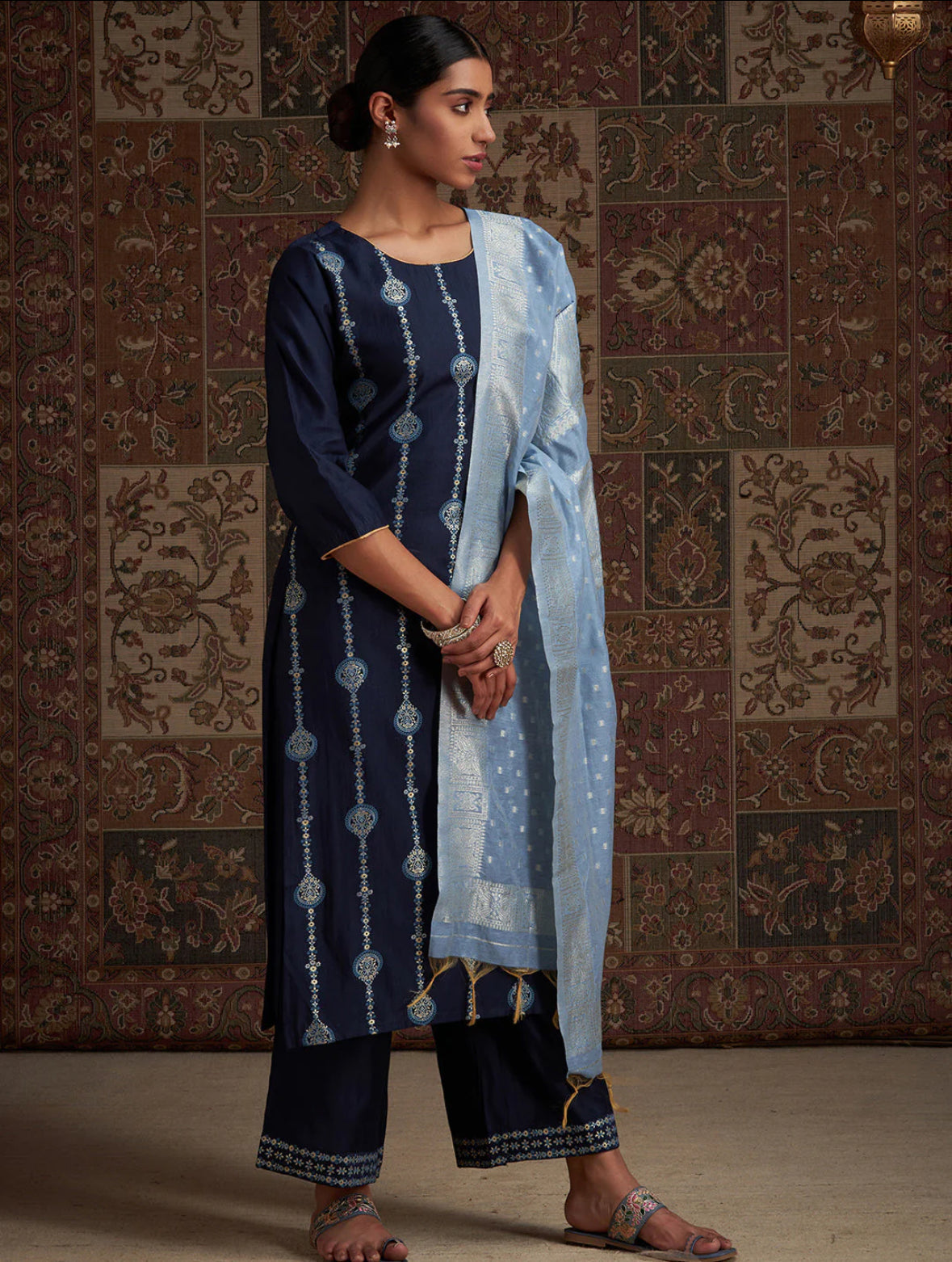 Navy Blue Embroidered Straight Kurta Palazzos With Dupatta Set Indo-Silae