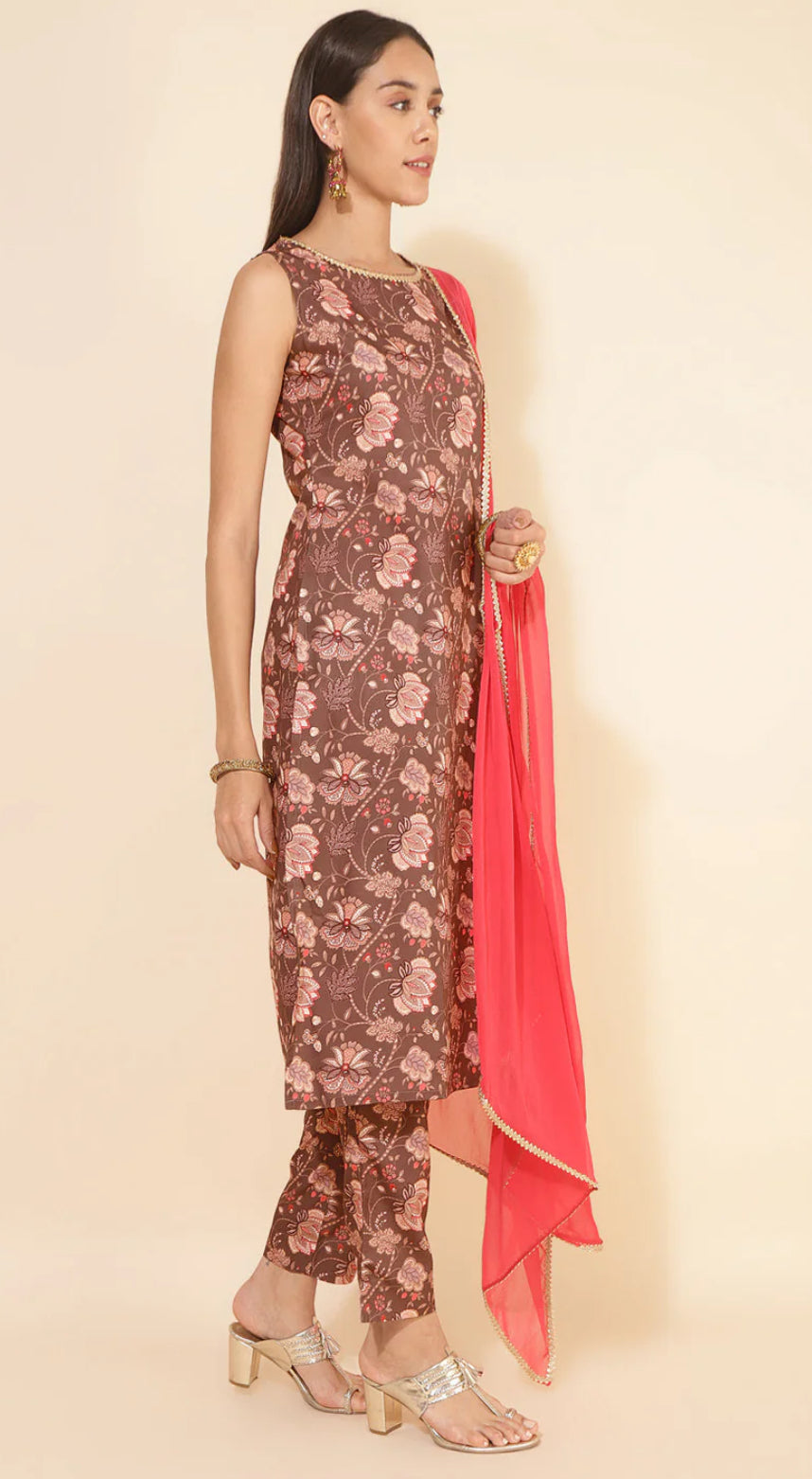 Brown Crepe Digital Floral Printed Kurta with Pant and Dupatta