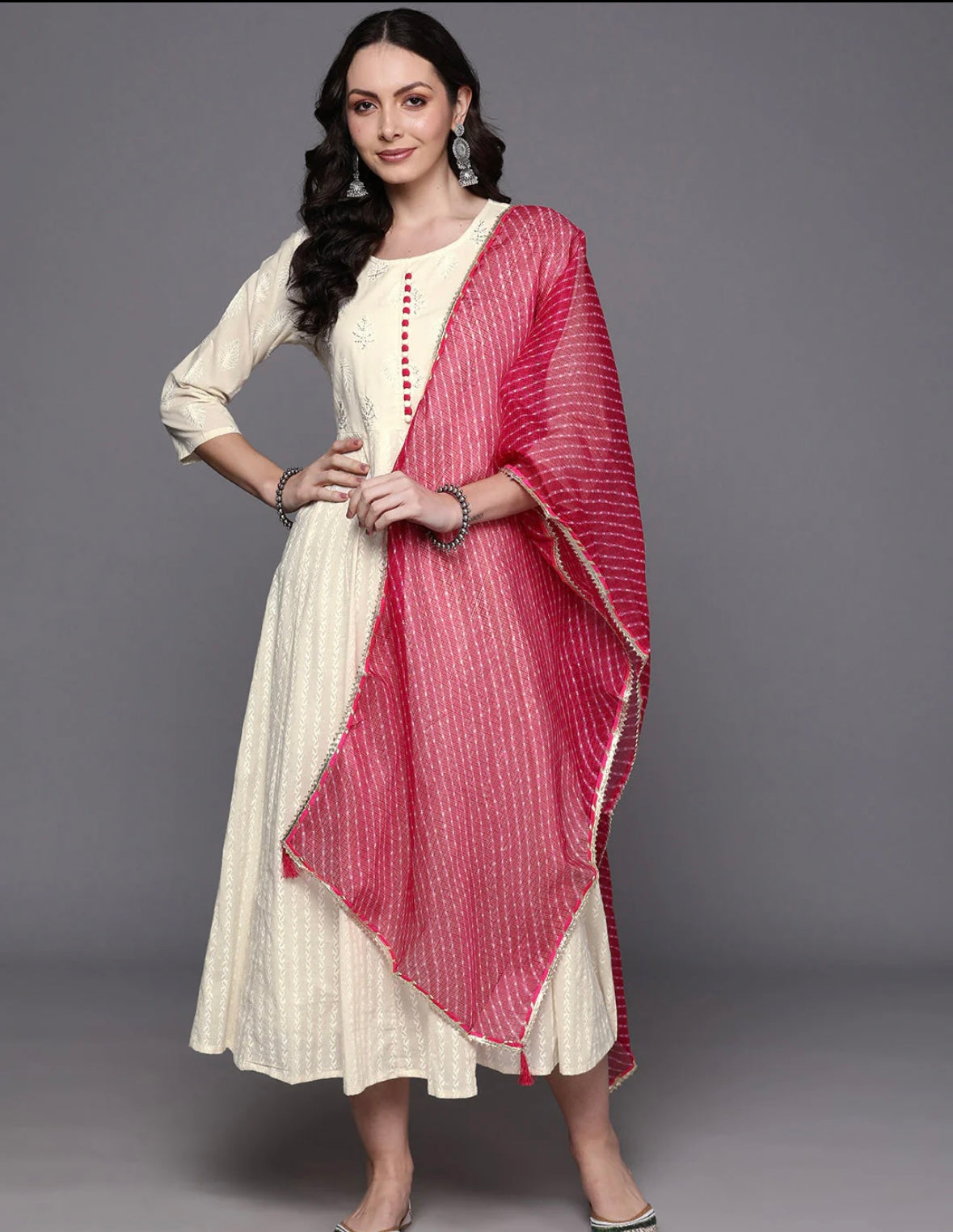 Off- White Floral Embroidered Anarkali Dress With Dupatta Set Indo-Silae