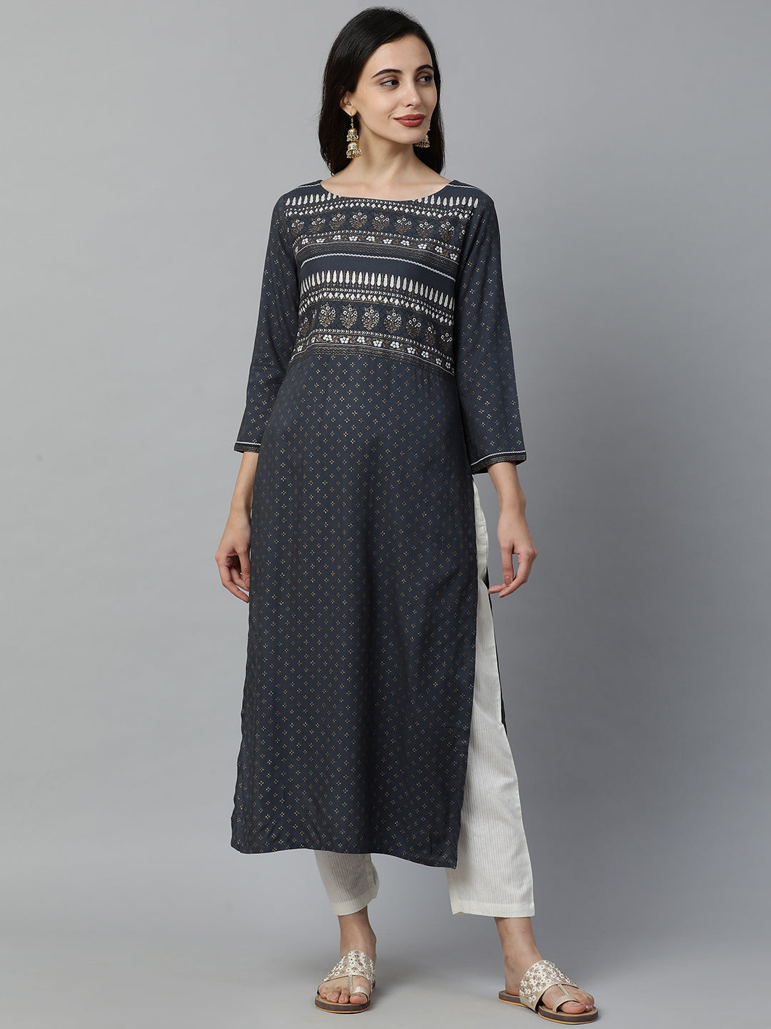 Indo Era Grey Foil Printed Straight Kurtas