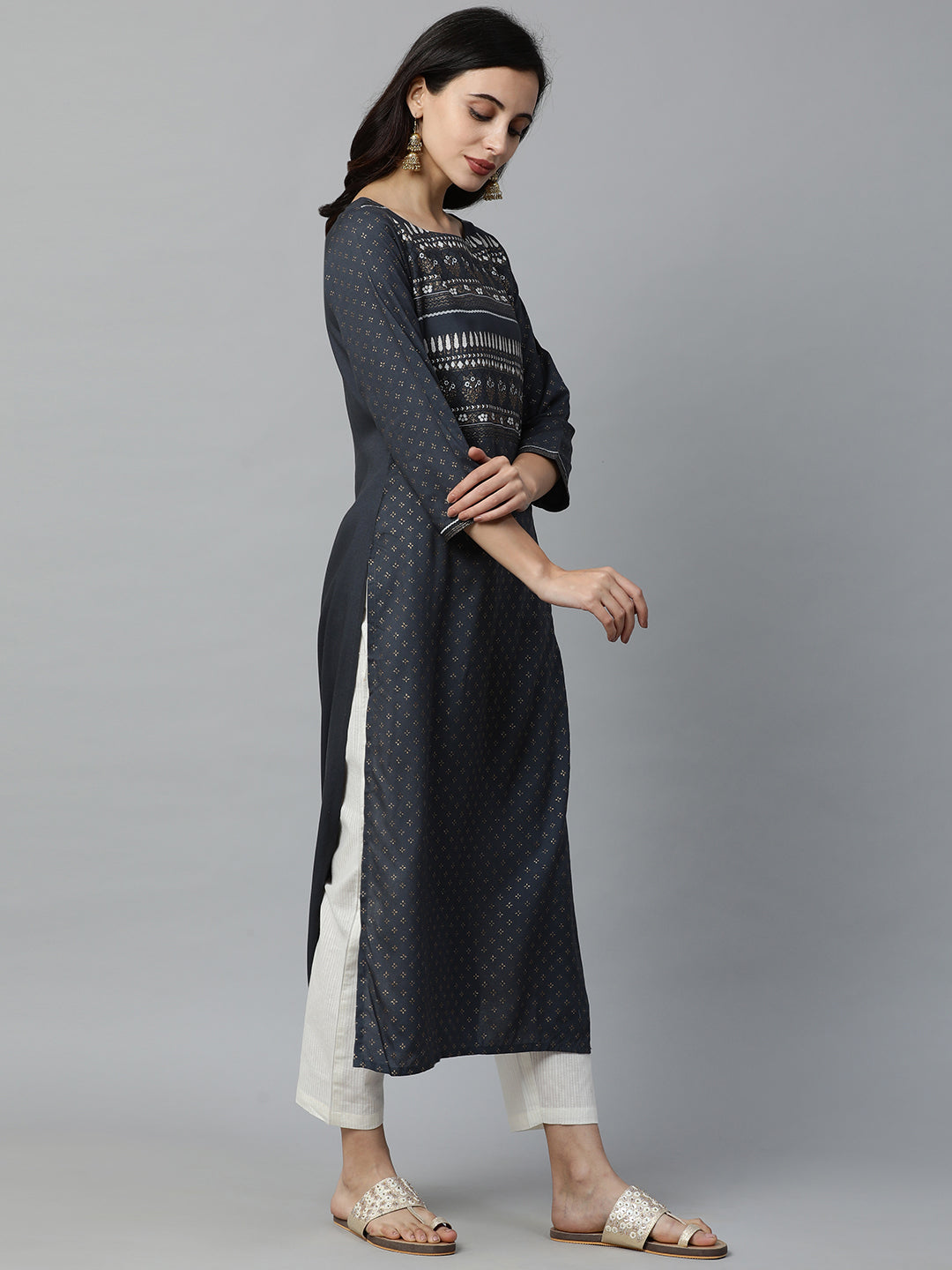 Indo Era Grey Foil Printed Straight Kurtas
