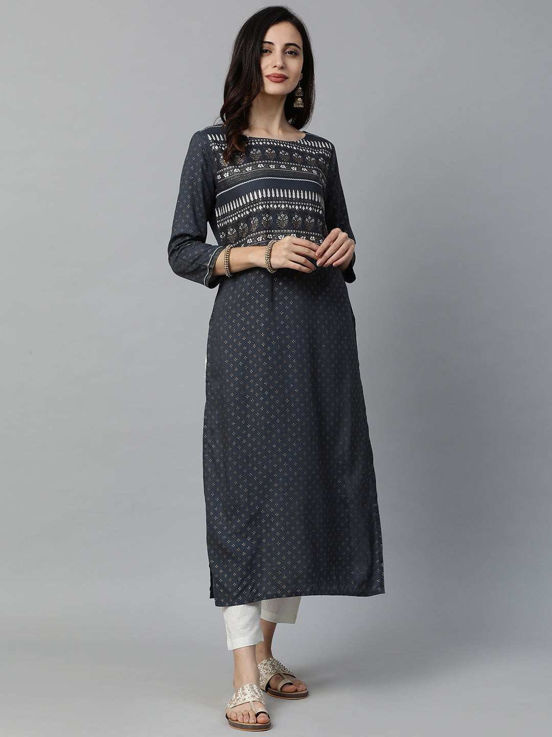 Indo Era Grey Foil Printed Straight Kurtas