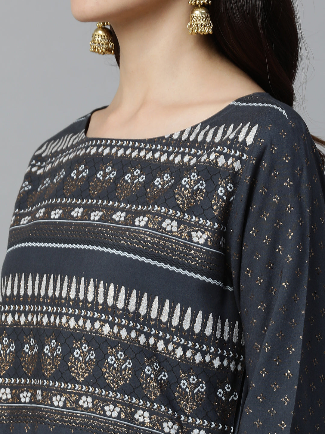 Indo Era Grey Foil Printed Straight Kurtas