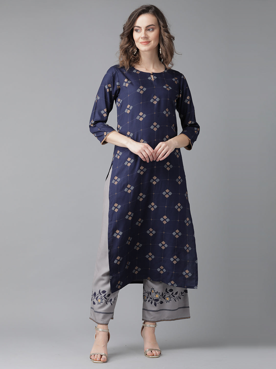 Indo Era Blue Printed Straight Kurtas