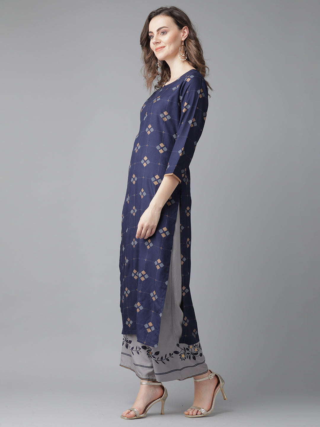 Indo Era Blue Printed Straight Kurtas