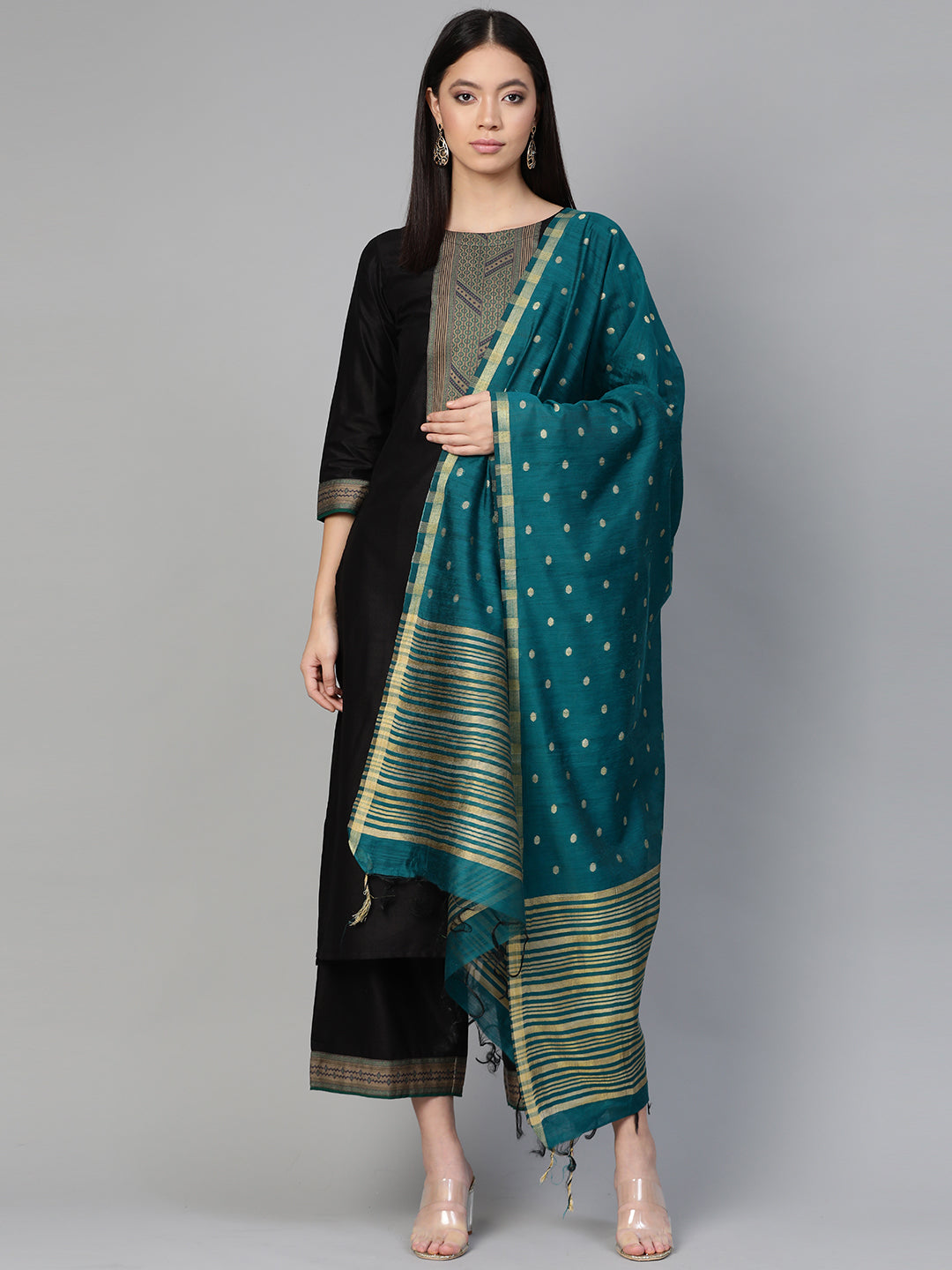 Indo Era Black Solid Straight Kurta Palazzo with Dupatta Set