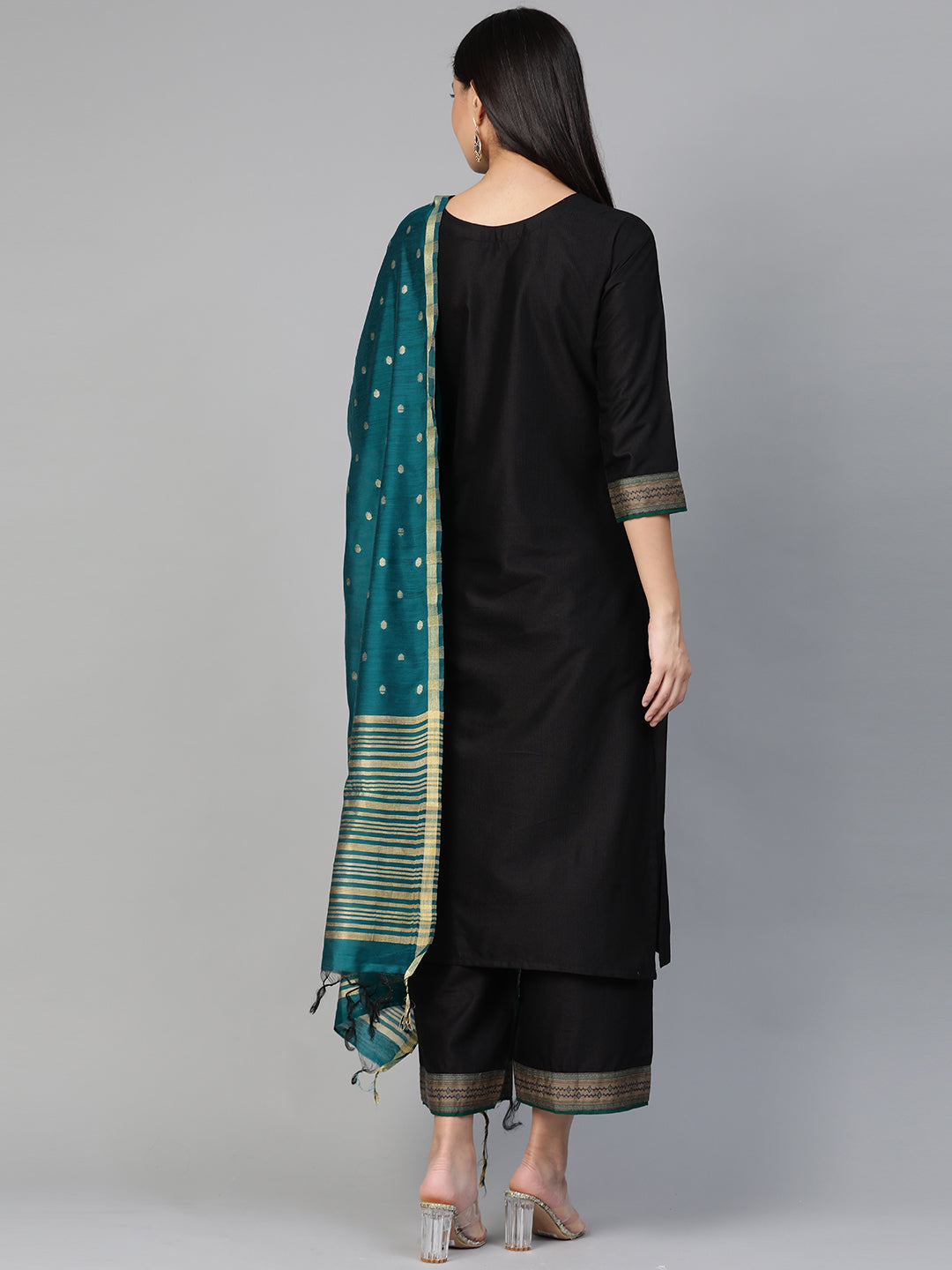 Indo Era Black Solid Straight Kurta Palazzo with Dupatta Set