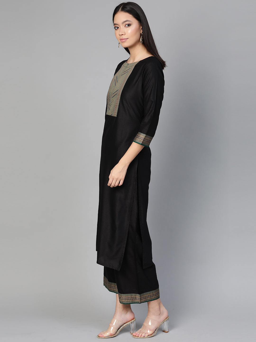 Indo Era Black Solid Straight Kurta Palazzo with Dupatta Set