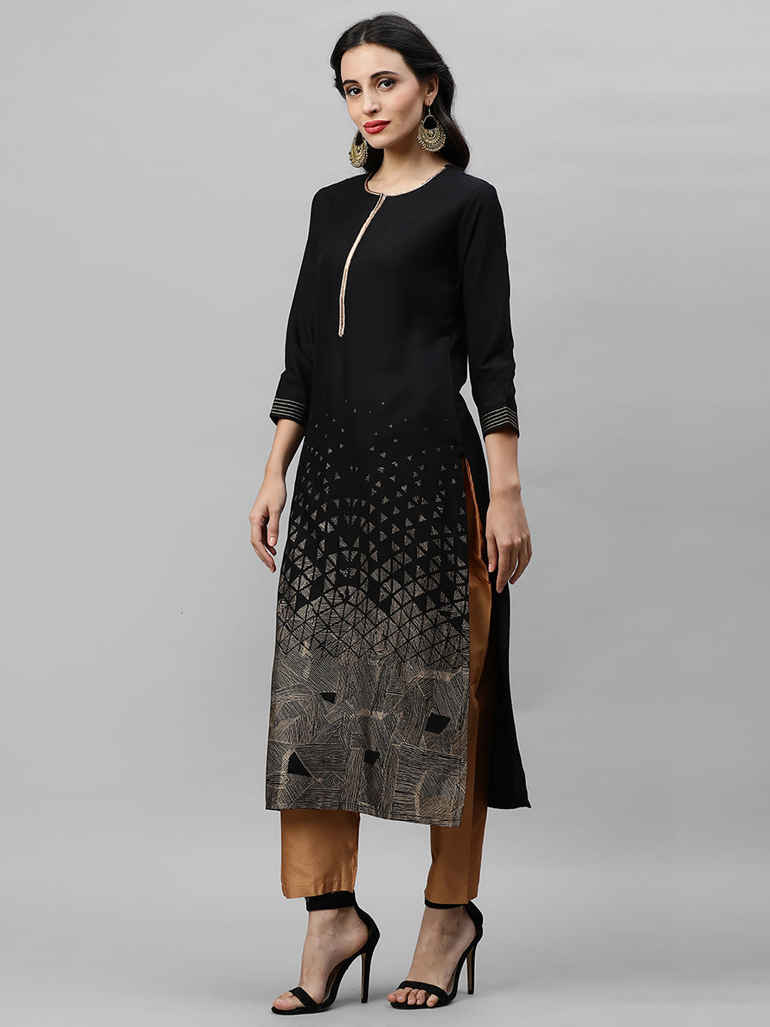 Indo Era Black Foil Printed Straight Kurtas