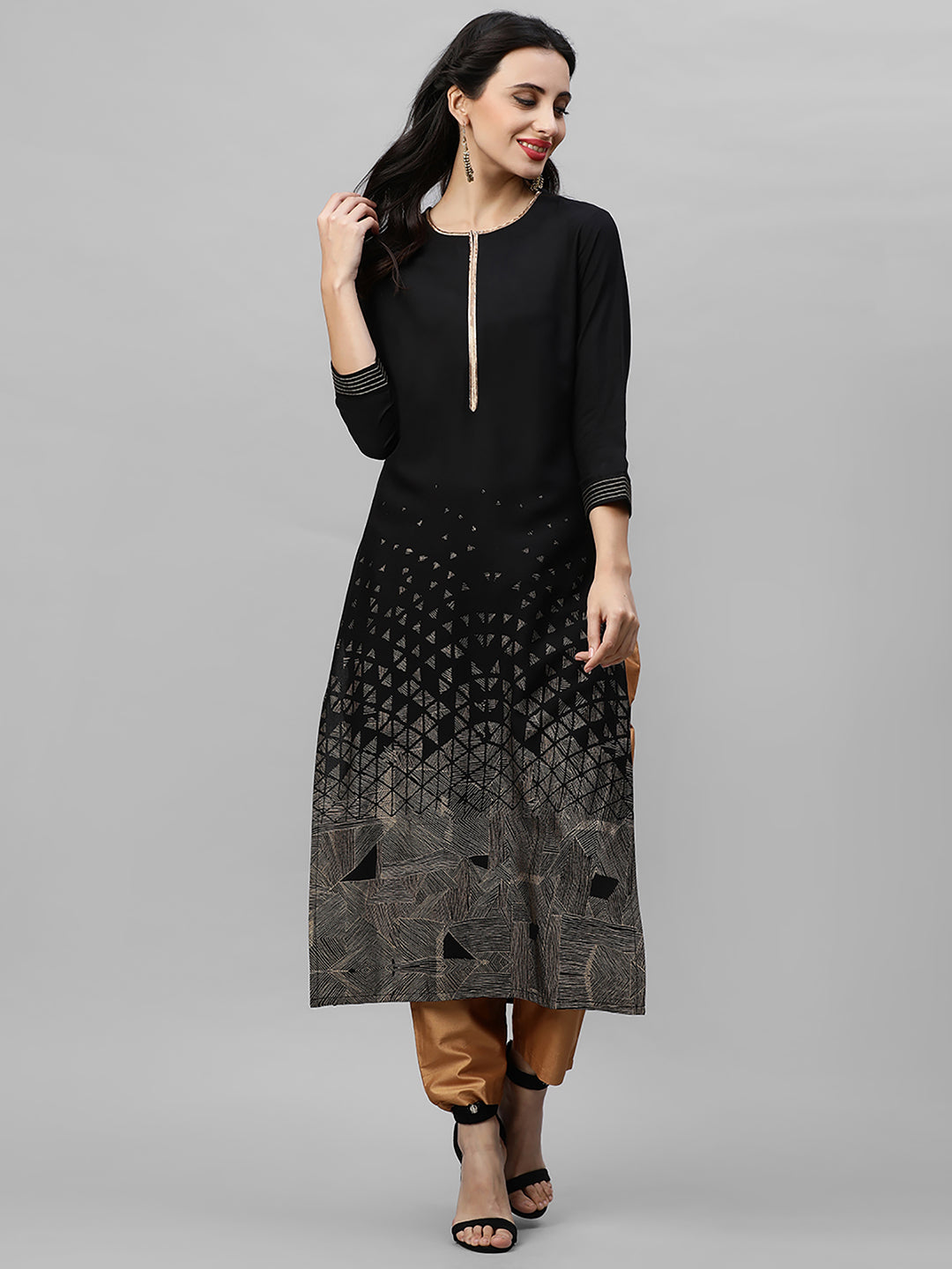 Indo Era Black Foil Printed Straight Kurtas