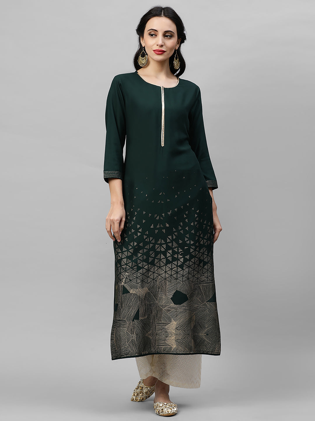 Indo Era Green Foil Printed Straight Kurtas