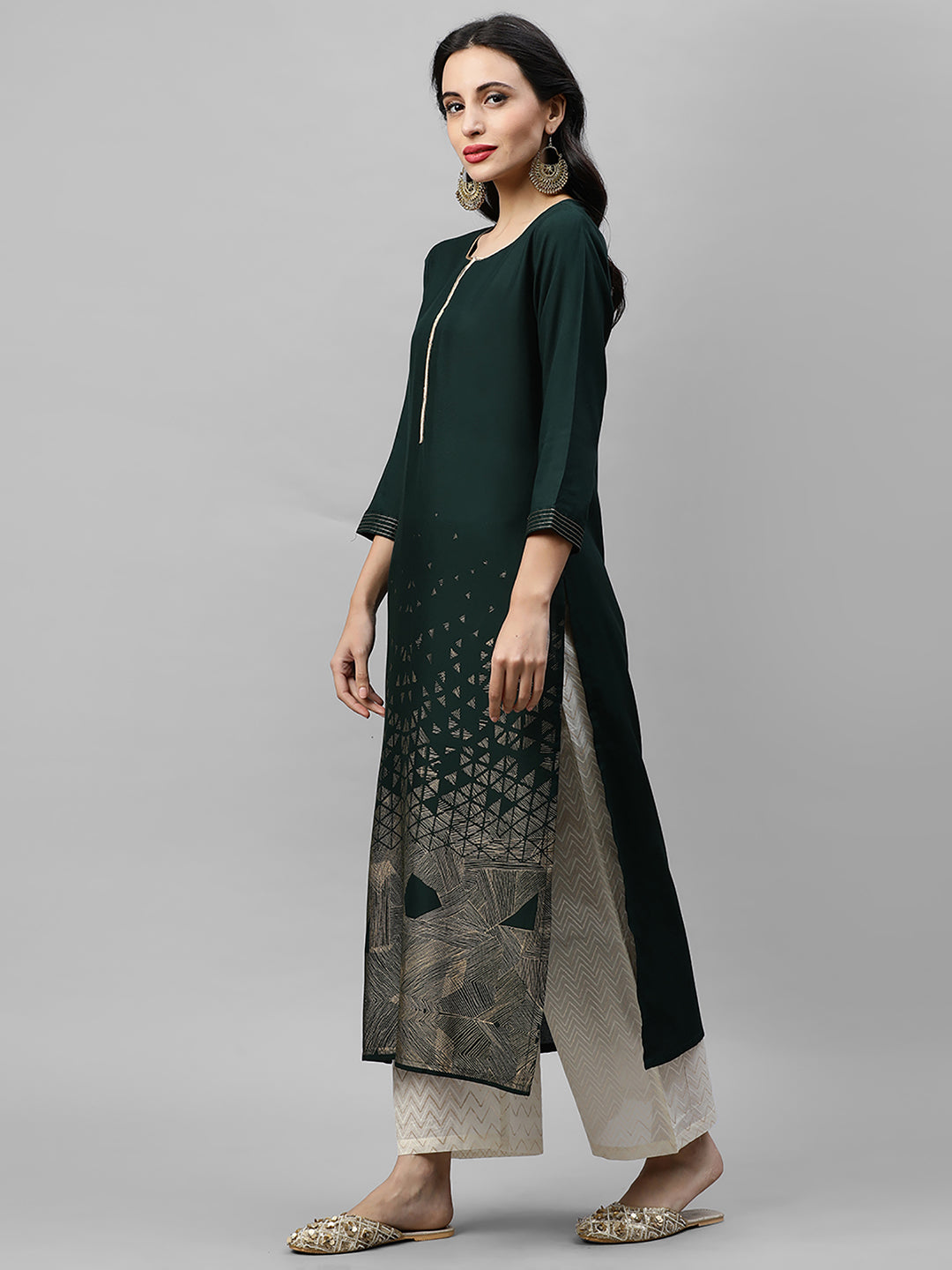 Indo Era Green Foil Printed Straight Kurtas